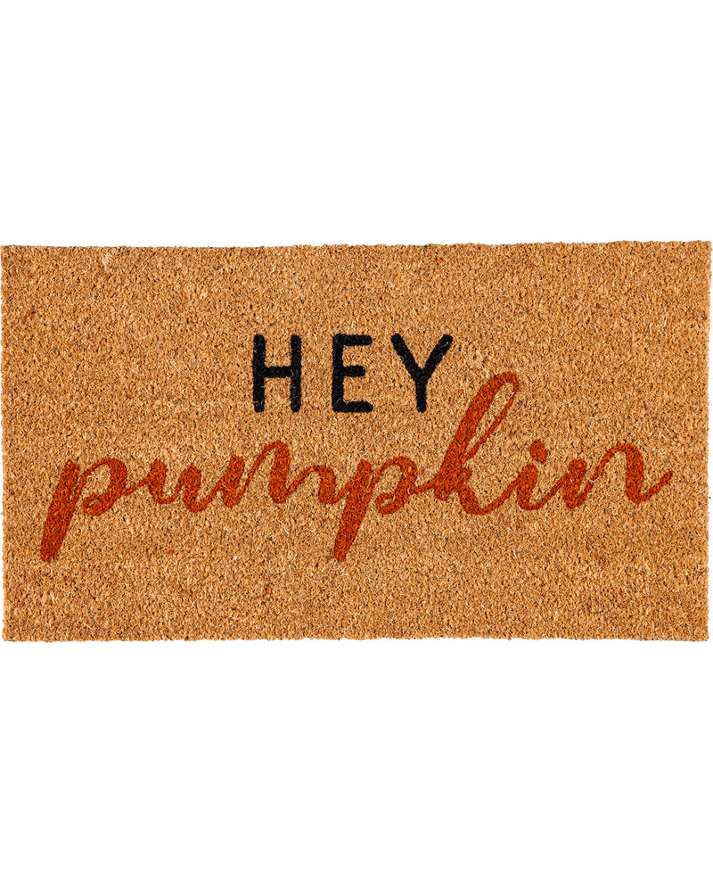 A rectangular natural coir doormat with the phrase 'HEY pumpkin' printed on it, featuring black block letters and a reddish-brown cursive script, shown against a plain white background.