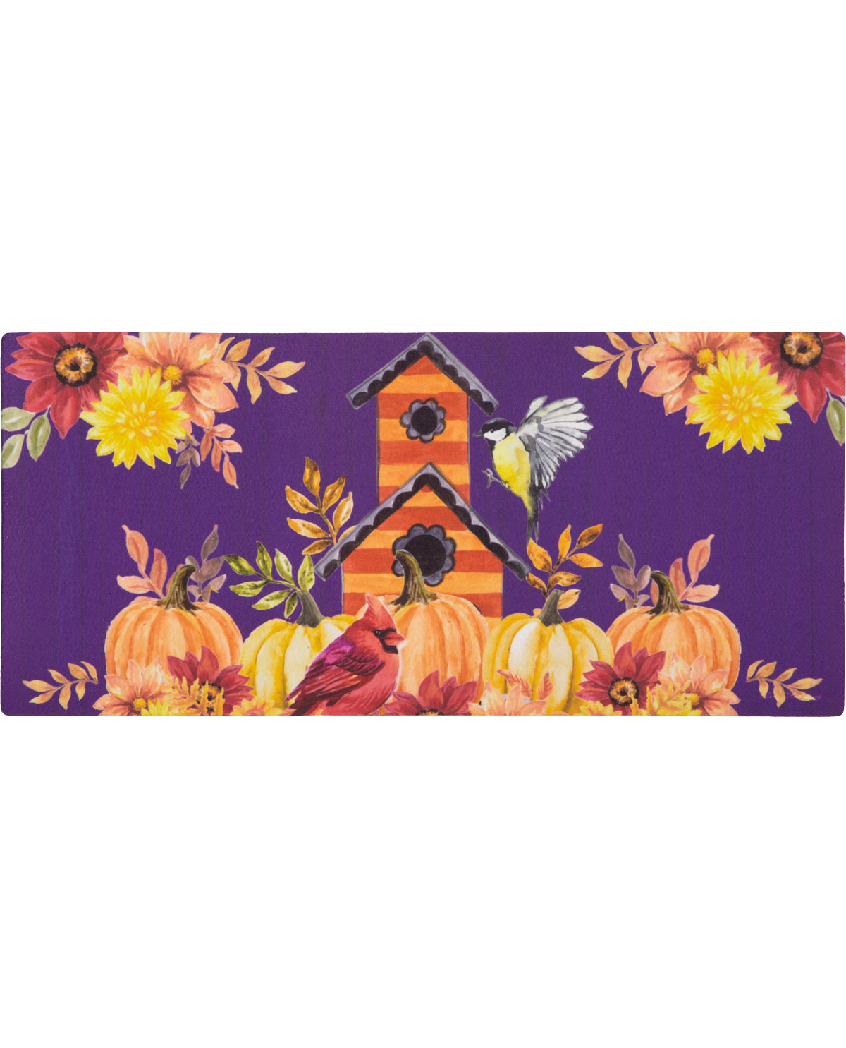 A rectangular decorative print or sign featuring an autumn scene on a purple background, with pumpkins, flowers, a birdhouse, leaves, and birds.
