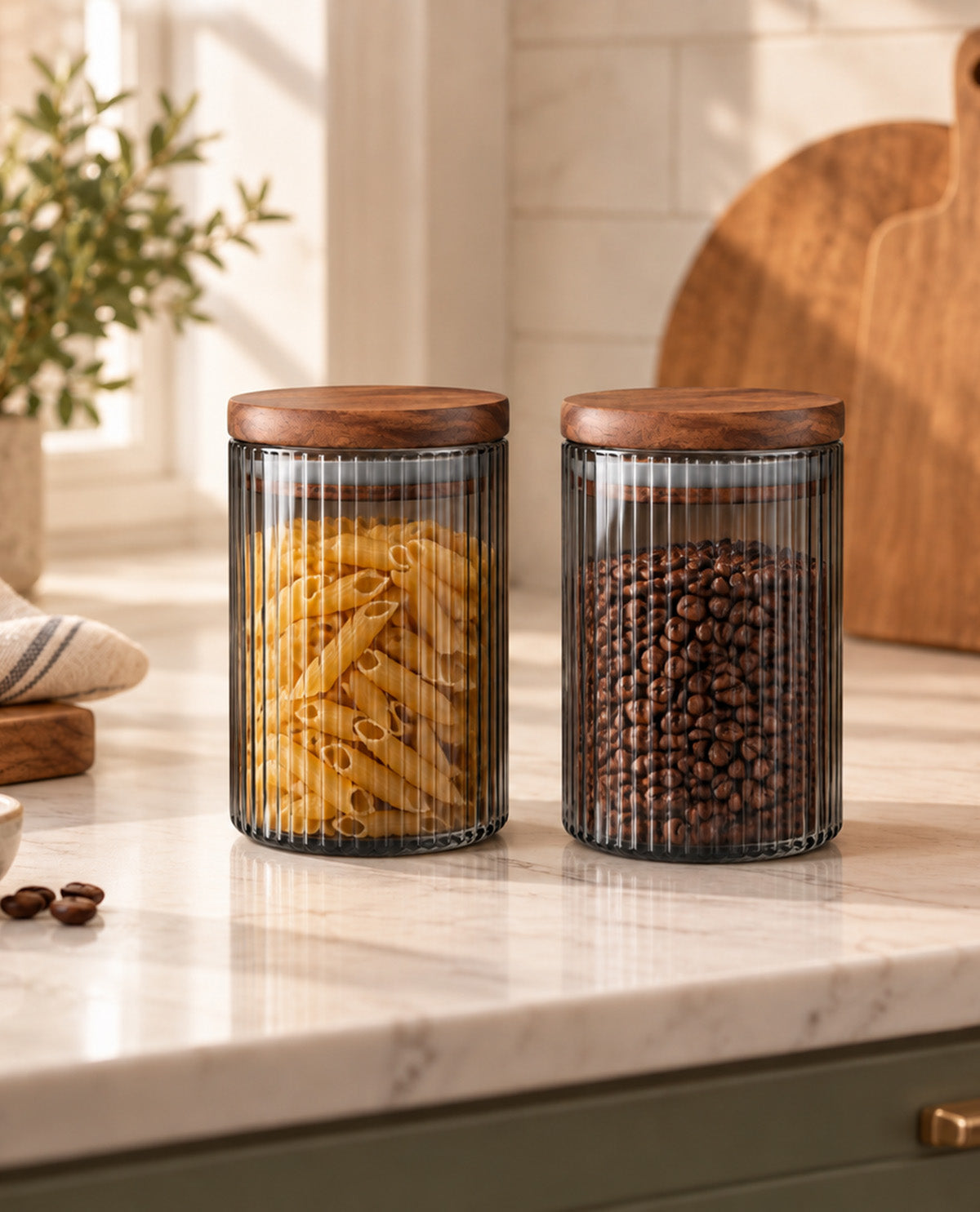 2 Piece Fluted Glass Canister With Acacia Lid