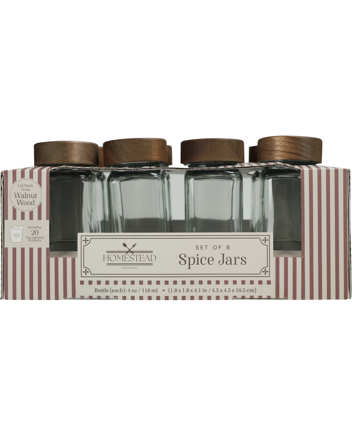 Walnut Square Glass 8 Piece Spice Jars