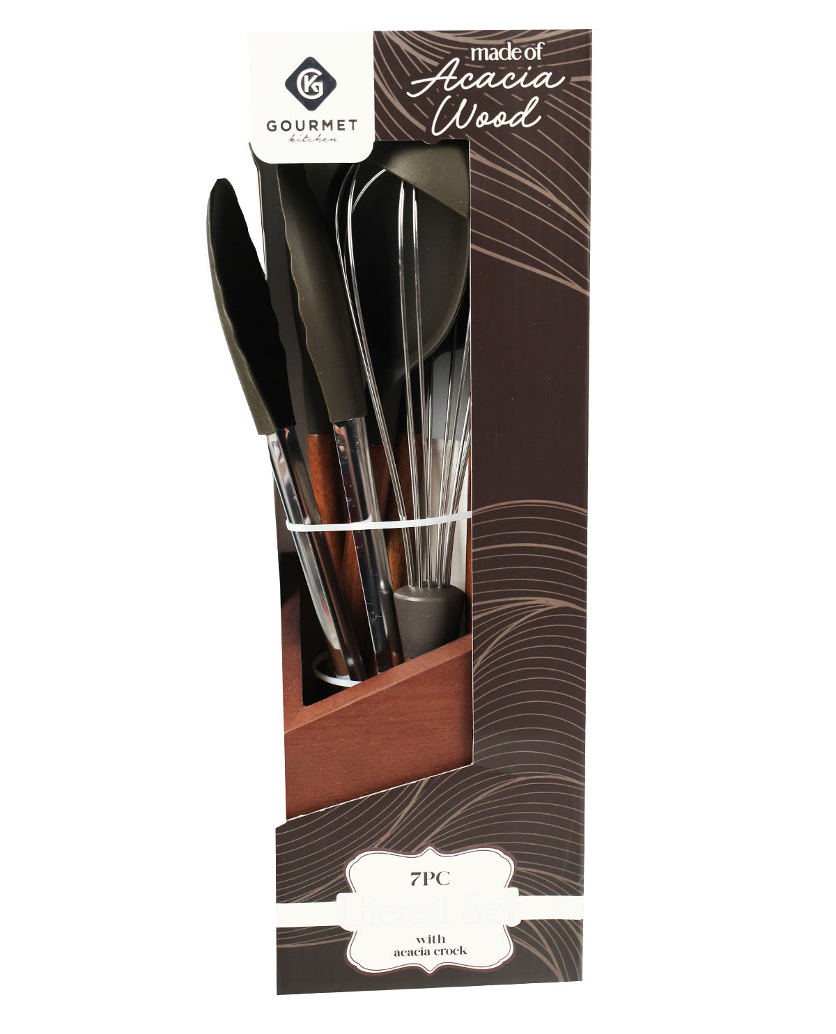 Acacia Wood Crock Brown 7 Piece Utensil Set