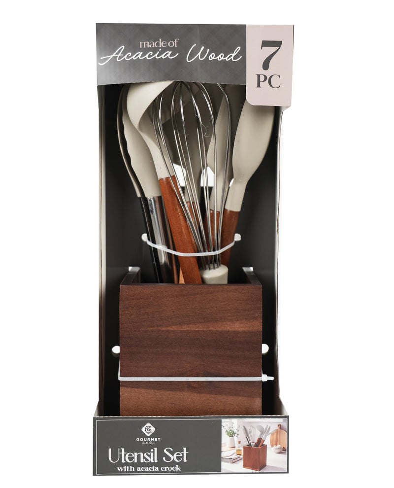 Acacia Wood 7 Piece Silicone Utensil Crock