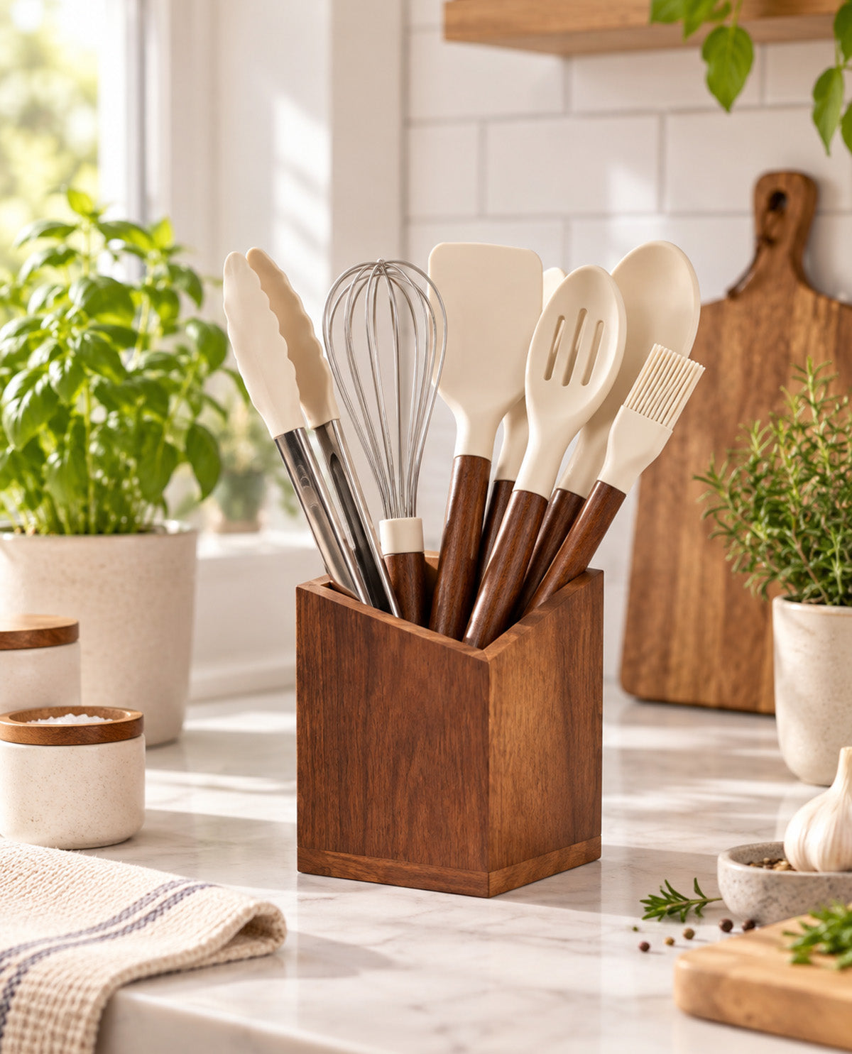 White Swan 7 Piece Utensil Crock
