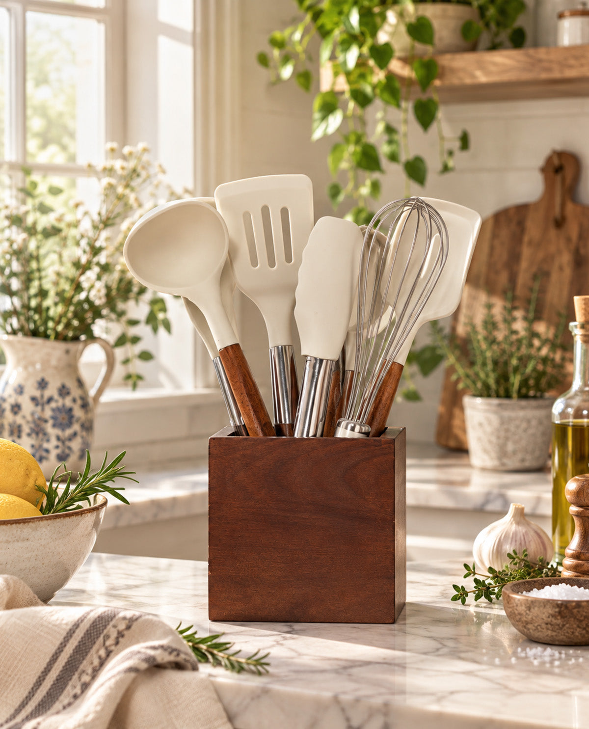 Acacia Wood & Moonbeam 7 Piece Utensil Crock