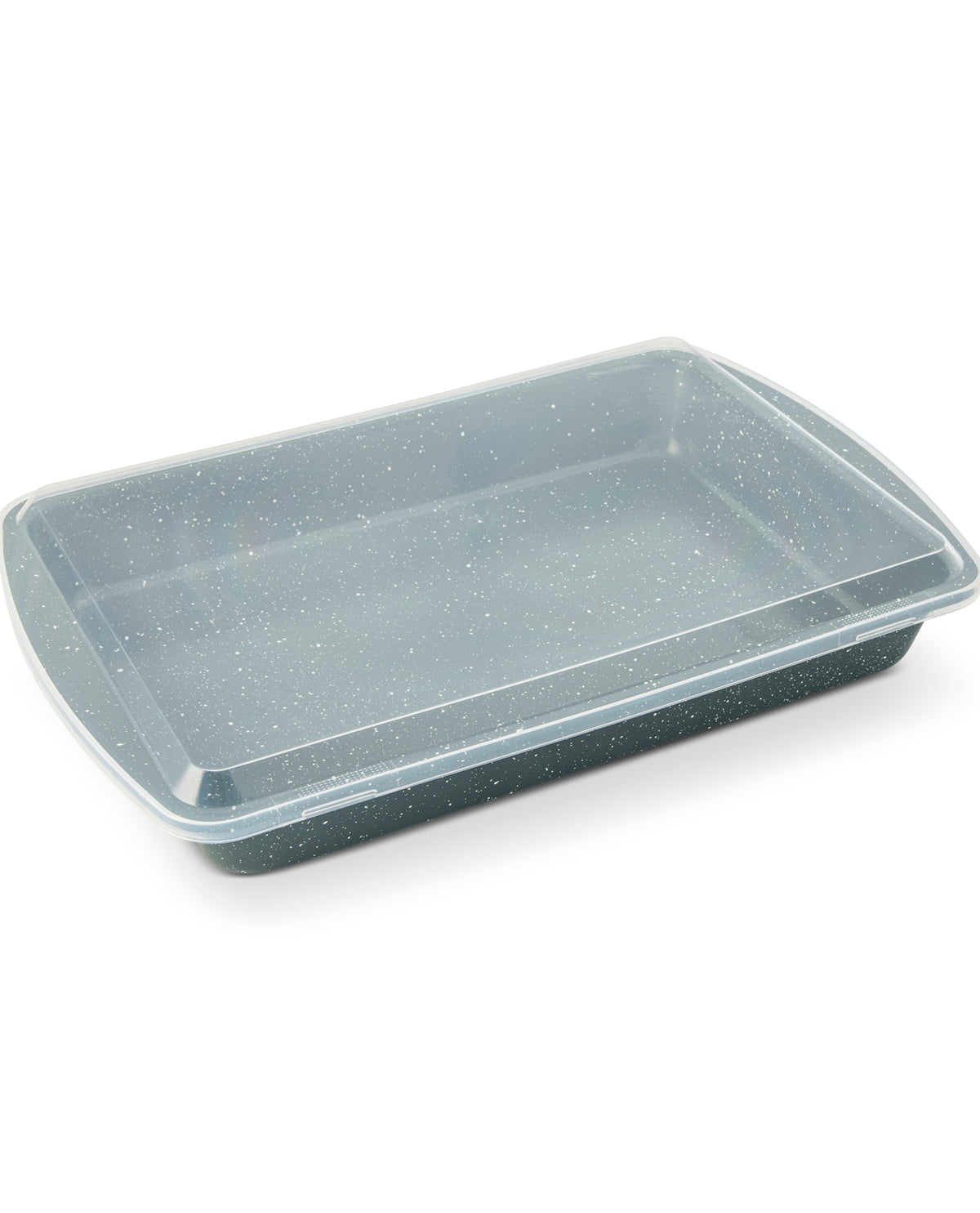 A rectangular baking pan with a translucent speckled lid and a dark non-stick base, shown on a plain white background.