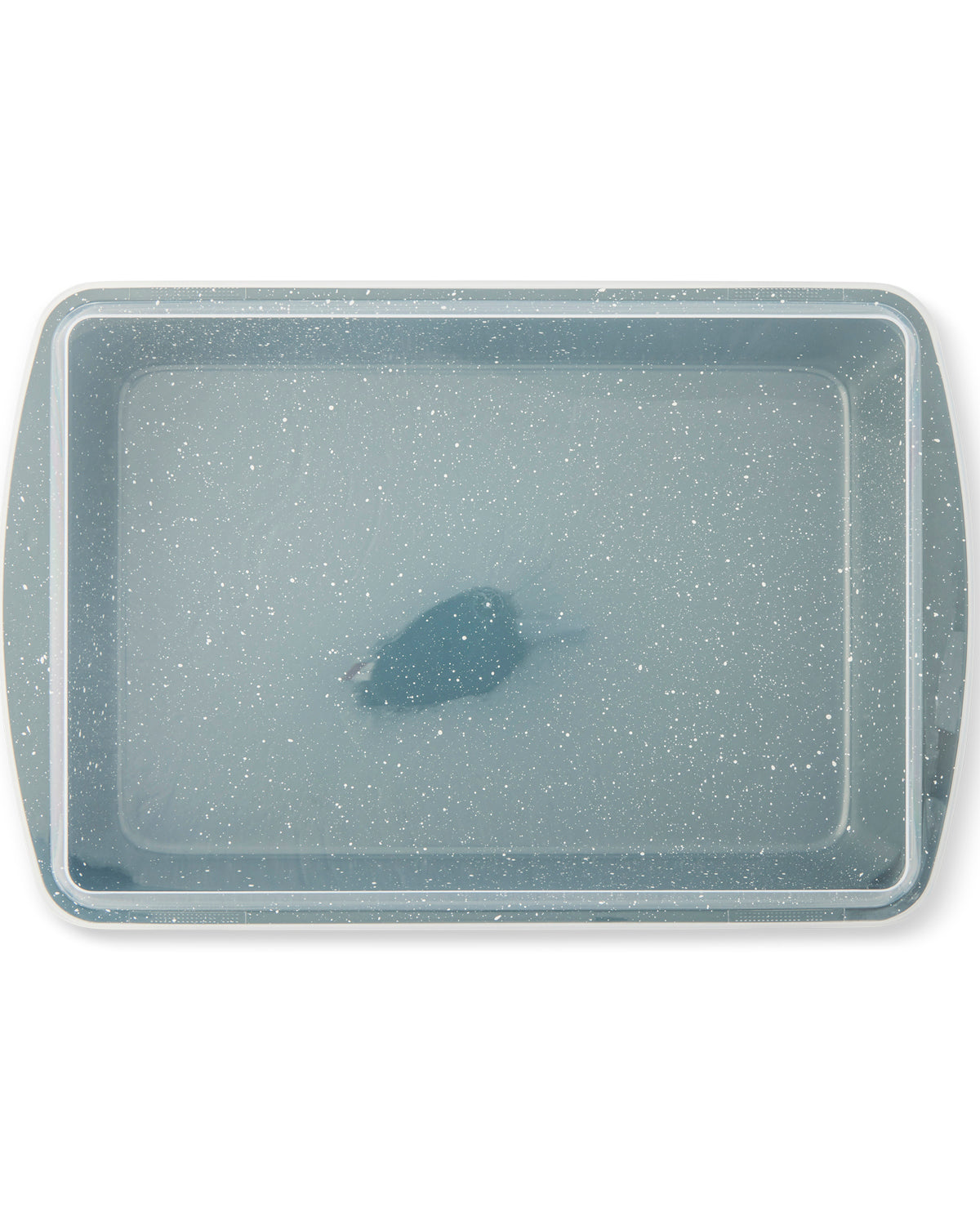 A rectangular baking pan with rounded corners, featuring a speckled slate blue-gray exterior and a dark non-stick coating on the interior, shown from a top-down perspective on a white background.