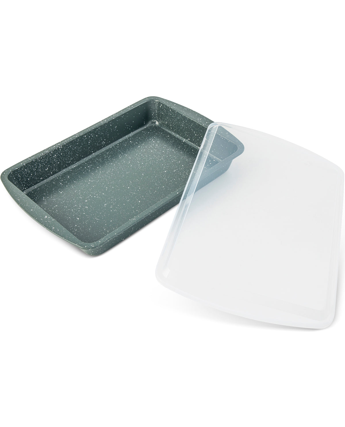 A rectangular dark gray speckled non-stick baking pan shown with a clear plastic lid on a white background.