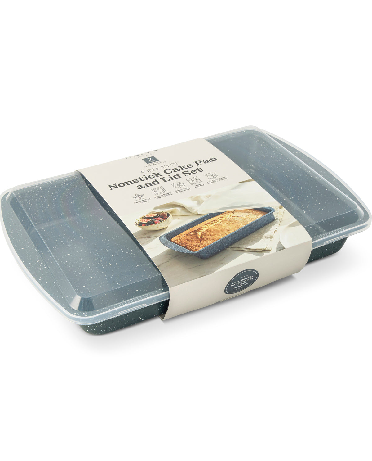 A nonstick cake pan and lid set in a speckled dark gray material, wrapped in a paper band with product details, on a white background.