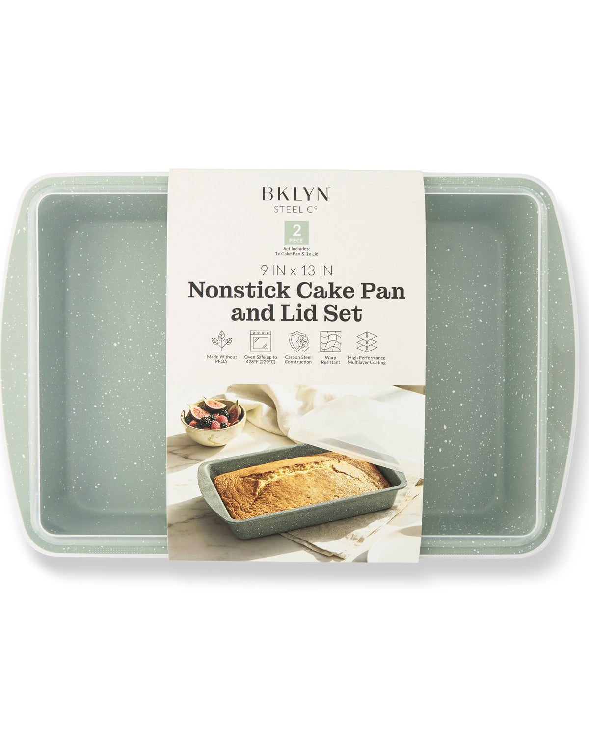 A packaged BKlyn Steel 9 x 13 inch nonstick cake pan and lid set in a muted sage green color with white speckles, featuring a white paper label in the center.