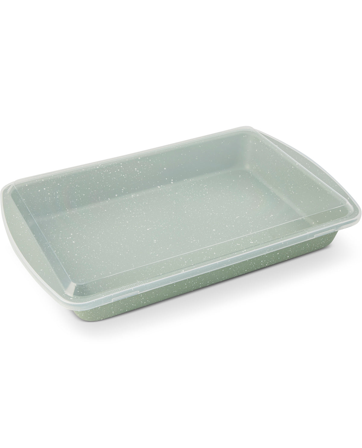 A rectangular shallow tray with rounded corners, featuring a speckled translucent light green lid and a matching light green base, shown on a plain white background.