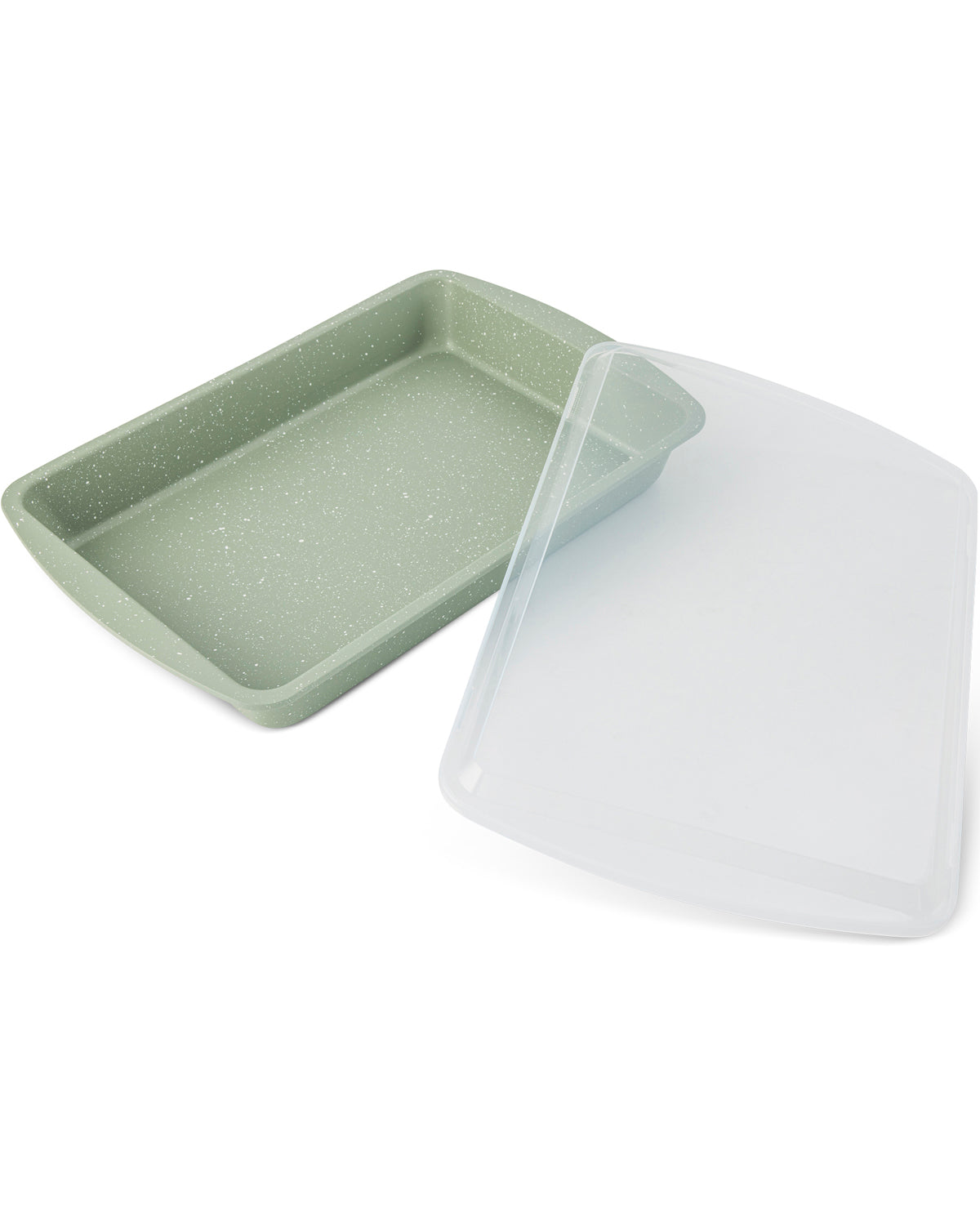 A rectangular light sage green non-stick baking pan with a matching translucent white silicone lid, shown on a clean white background.