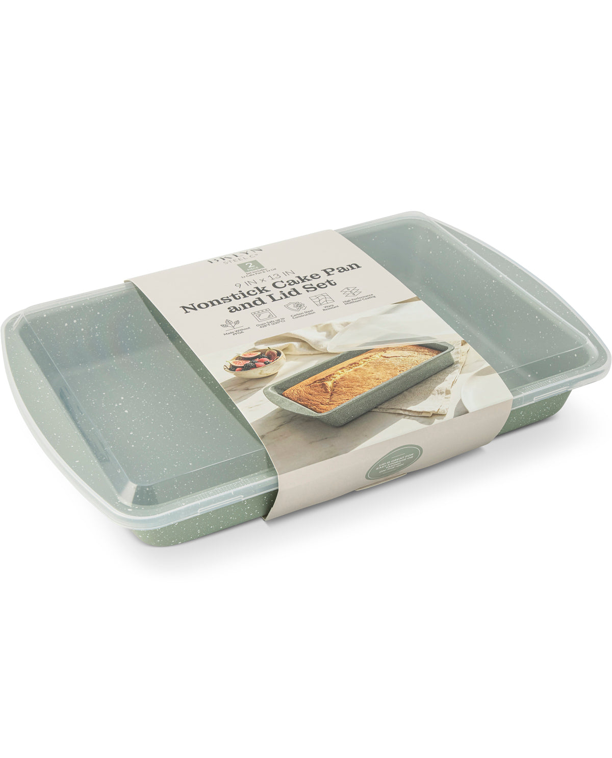 A nonstick cake pan and loaf set in a sage green speckled finish, packaged with a paper band label on a white background.