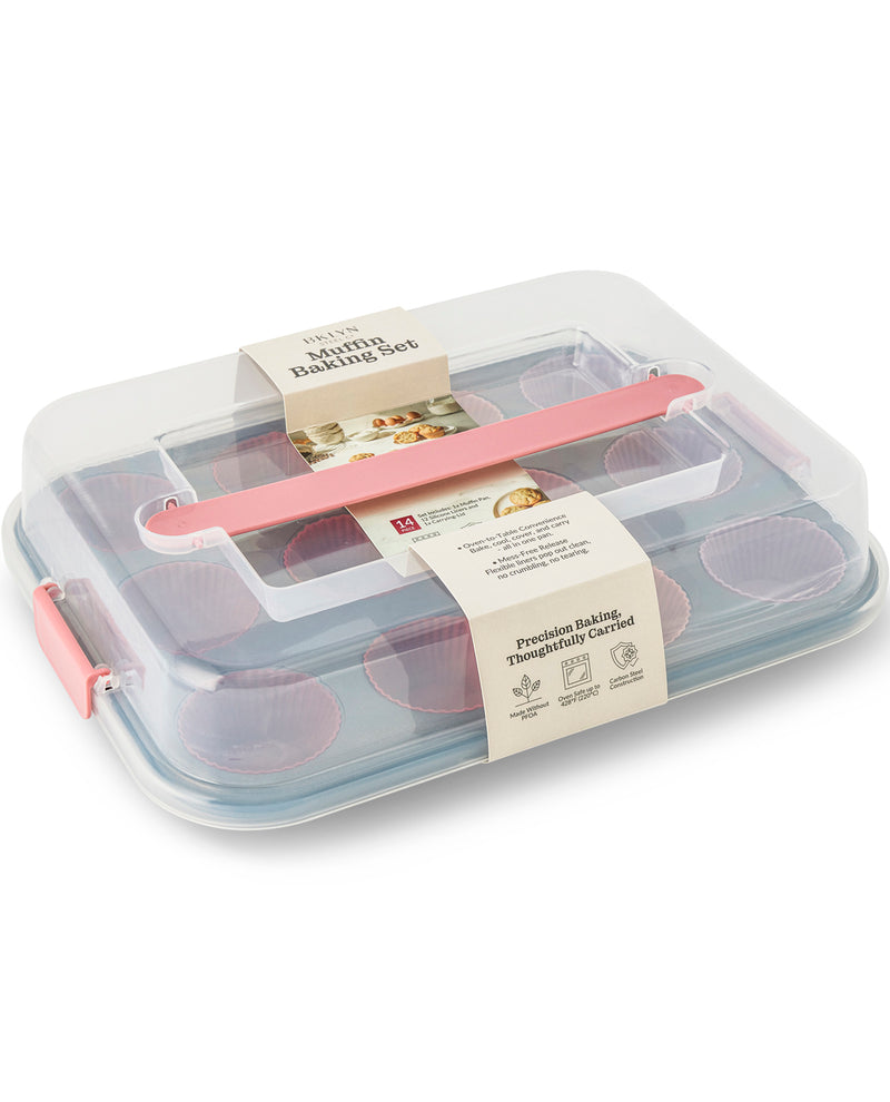 A 12-piece mini baking set in a clear plastic storage container with a pink handle and pink latches, shown on a white background with its paper packaging labels visible.