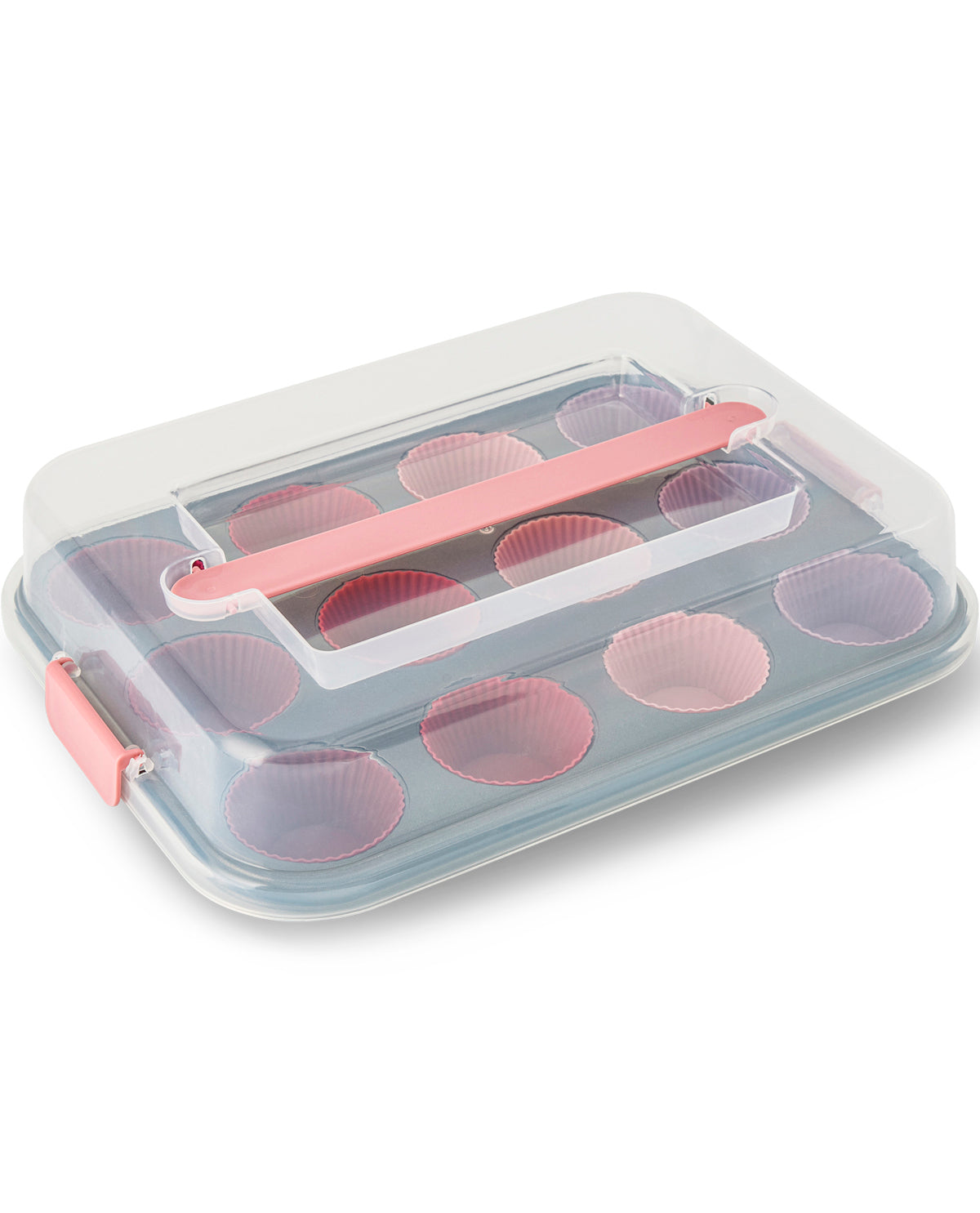 A clear plastic cupcake liner organizer with a translucent lid, pink handle, and pink silicone liner cups inside, shown on a white background.