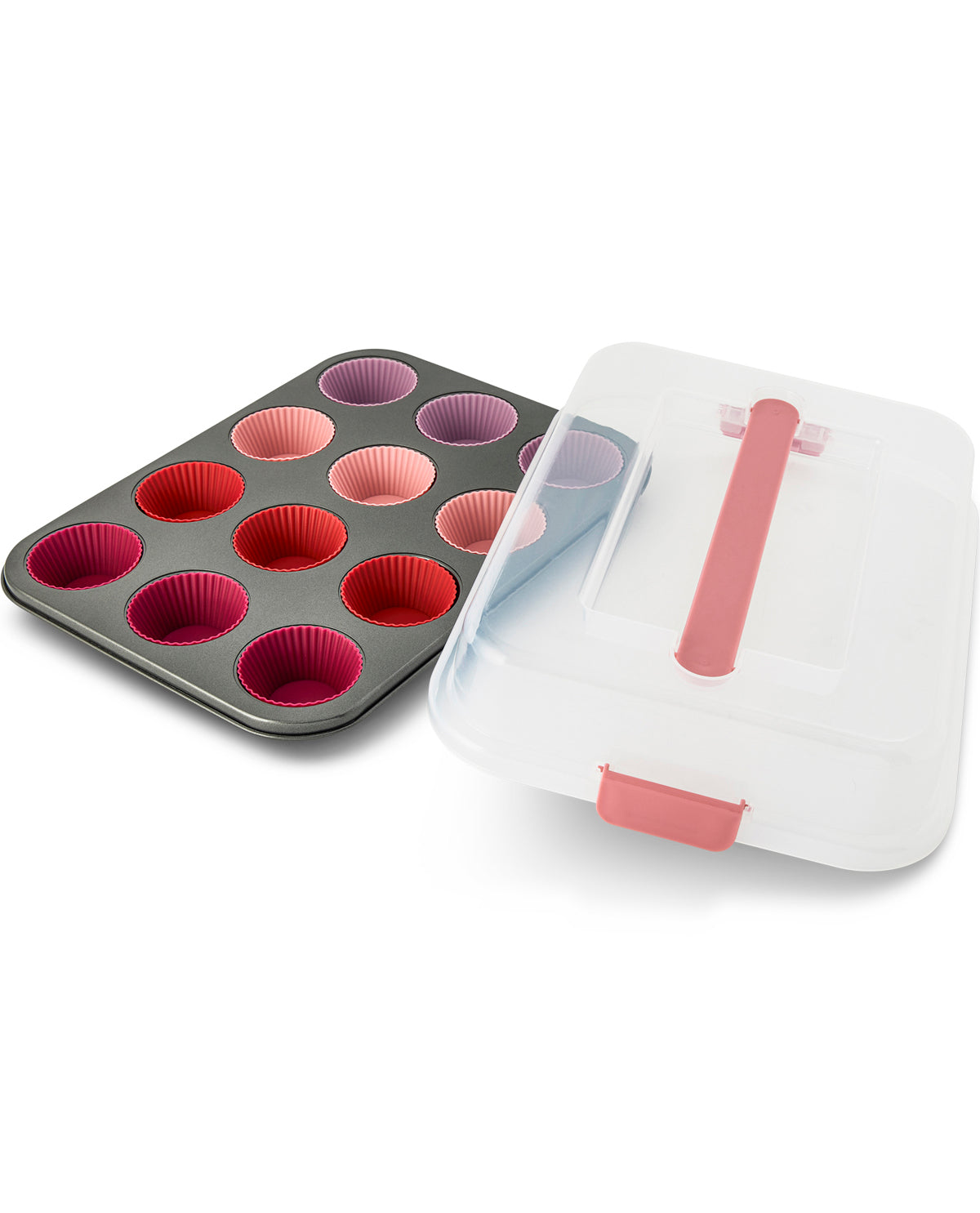 A 12-cup muffin tray with colorful silicone cupcake liners in shades of pink, red, and purple, shown next to a clear plastic storage container with a translucent lid and pink handle on a white background.