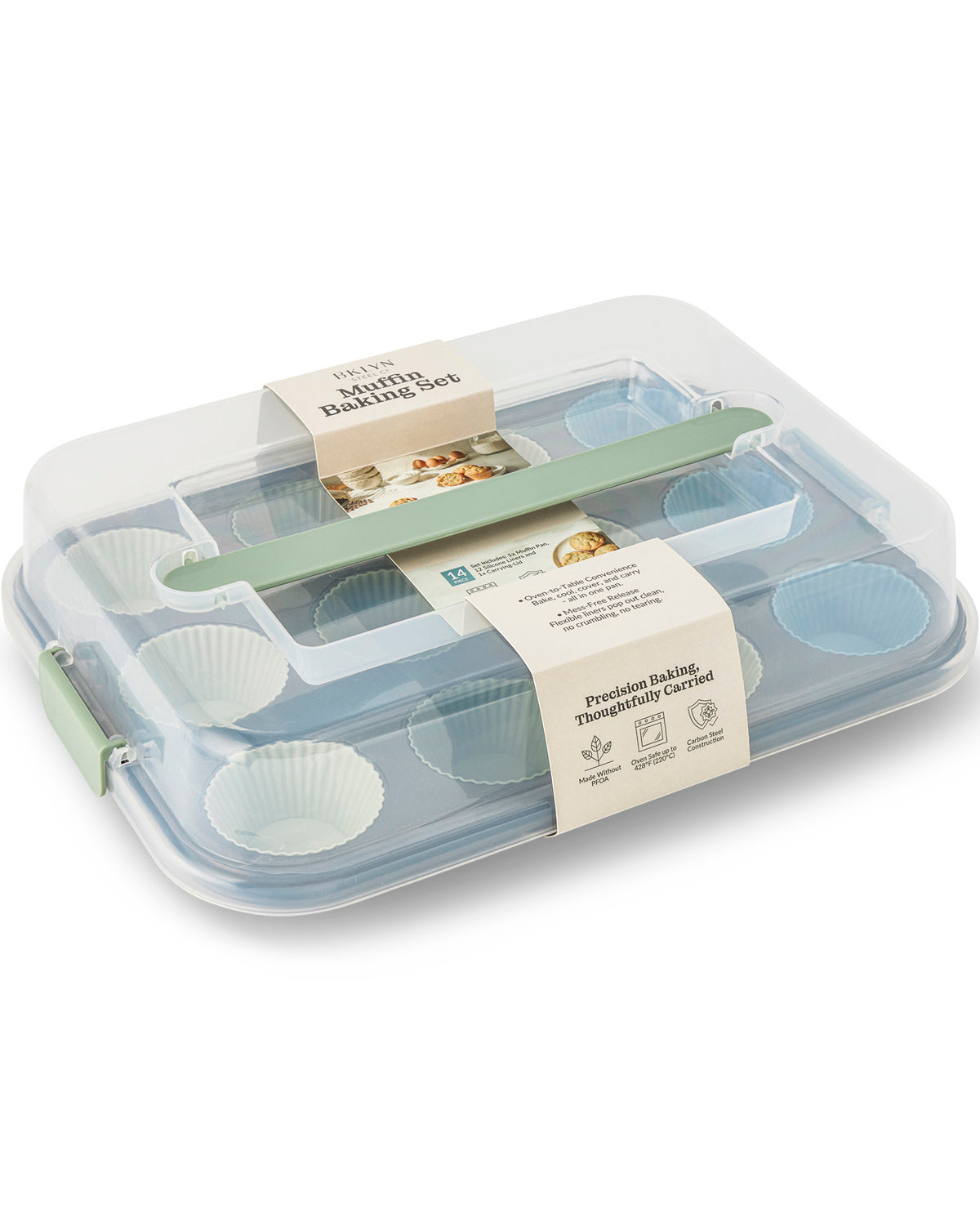 A 12-piece muffin tin set in a clear plastic storage container with a mint green handle and paper labels, photographed on a clean white background.