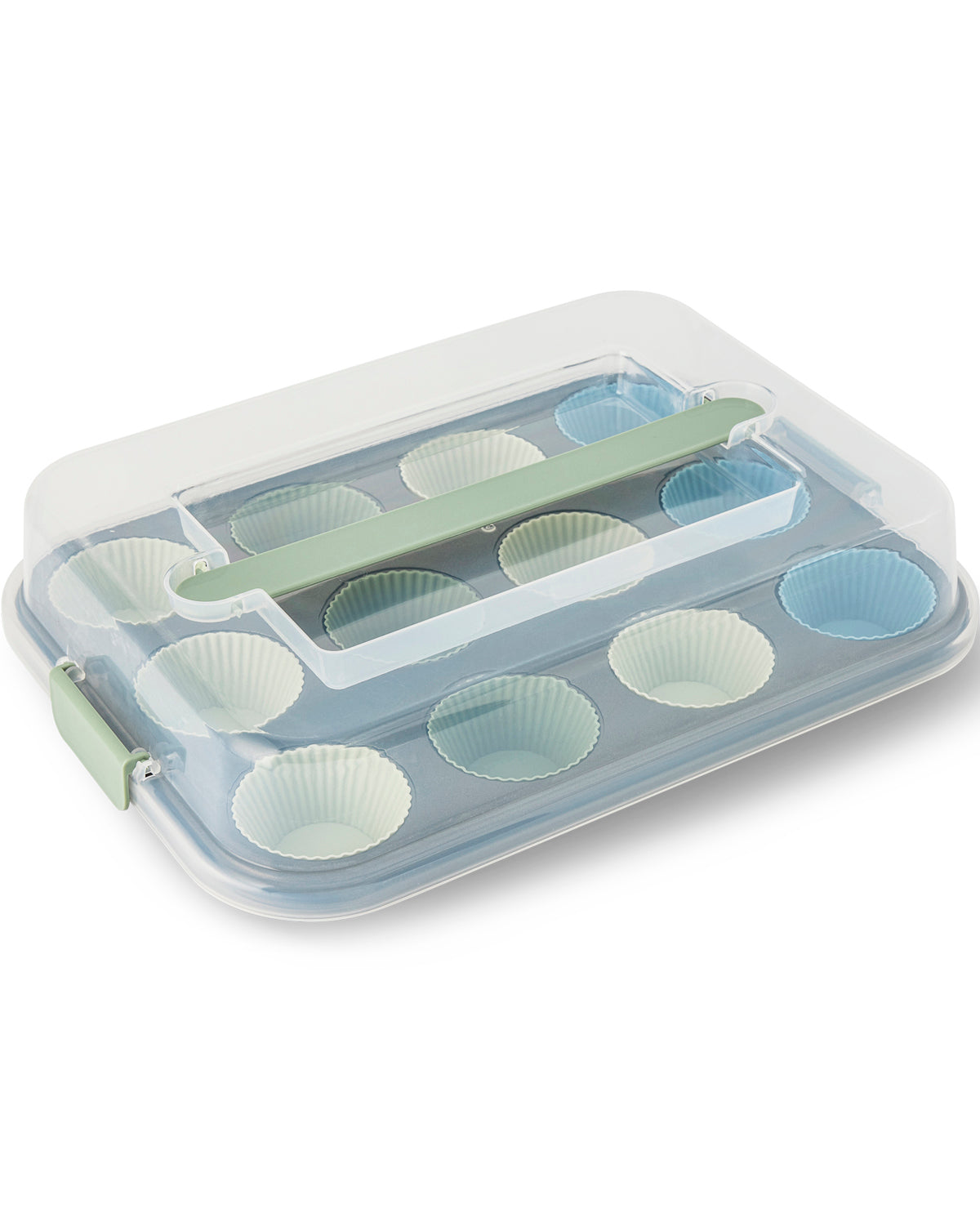 A silicone cupcake liner set in a clear plastic storage container with a light green handle and clips, shown on a white background.