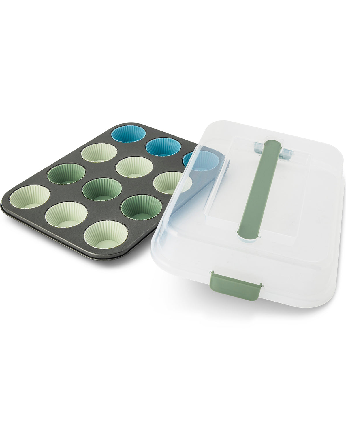 A 12-cup muffin tin with paper cup liners in green, blue, and white, shown next to a clear plastic storage container with a green handle on a white background.