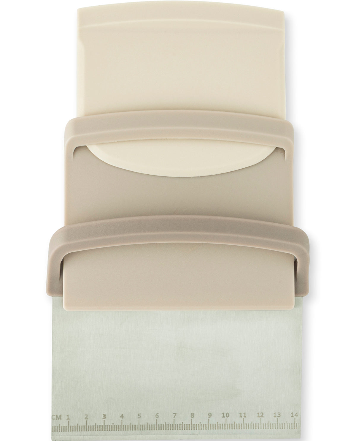 A beige plastic craft die or scoring tool shown vertically against a white background, with a ruler visible along the bottom edge.