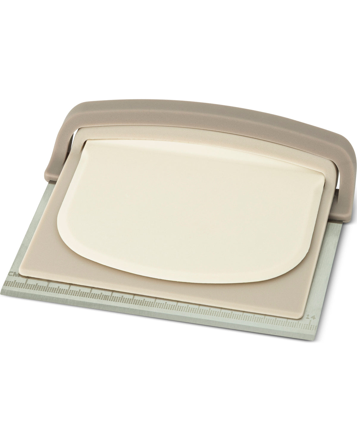 A beige and cream plastic craft or scrapbooking tool with a ruler edge, shown on a plain white background.
