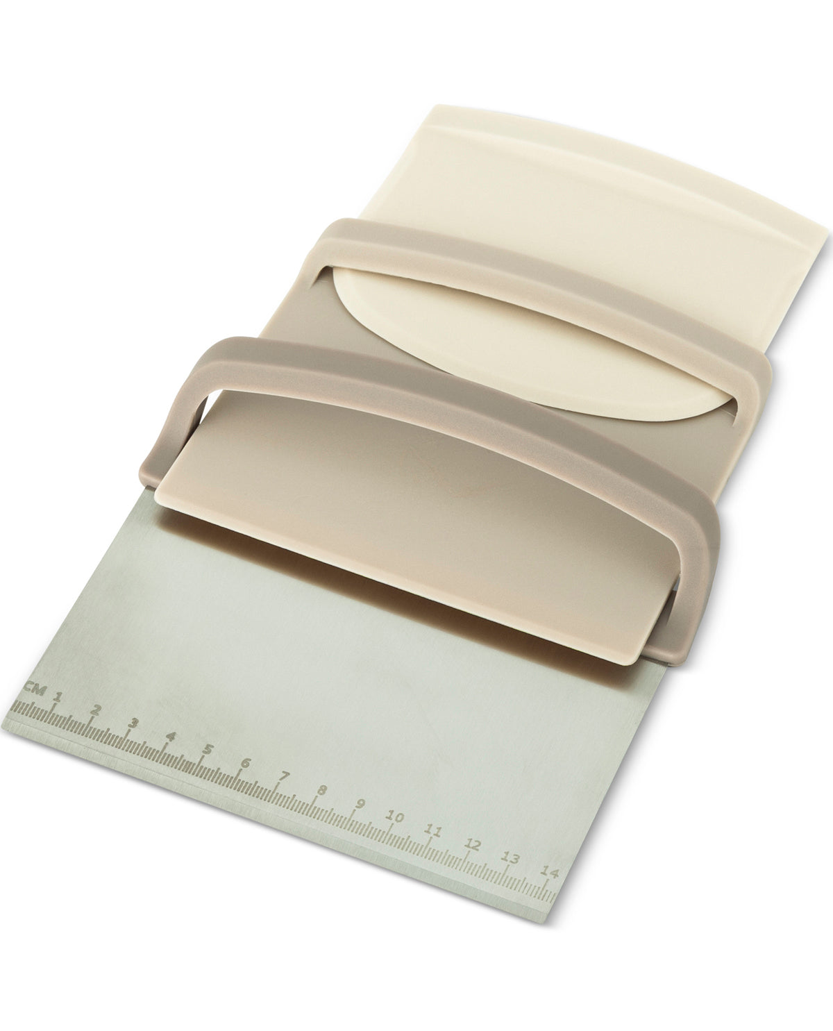 A silicone pastry scraper with a beige handle and cream-colored scraper blades, resting on a silver metal measuring spatula with a ruler printed along the edge, set against a plain white background.