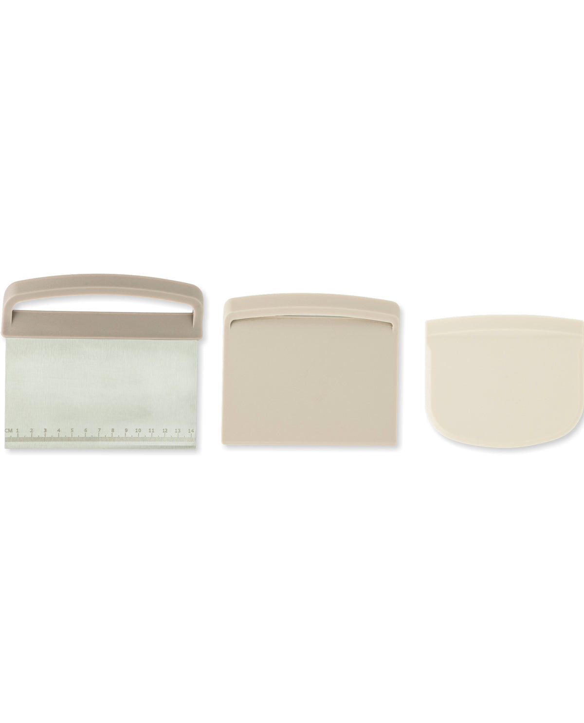 Three beige plastic pastry tools with integrated handles, shown side by side on a plain white background.