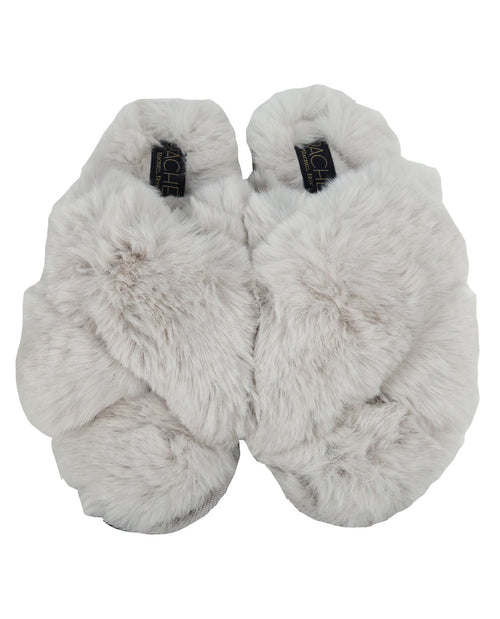 A pair of fluffy faux-fur slip-on slippers in a light gray color, shown from a top-down view on a plain white background.