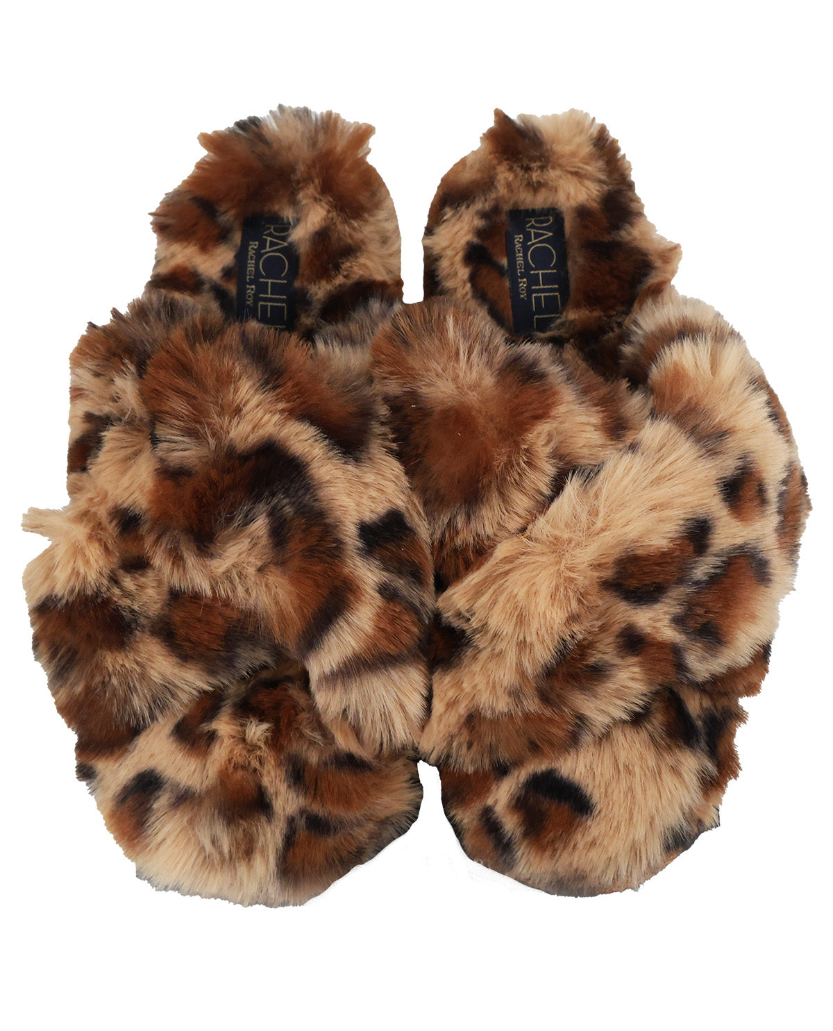 A pair of fuzzy leopard-print slippers by Paige, featuring a brown, beige, and black faux fur pattern, shown against a plain white background.