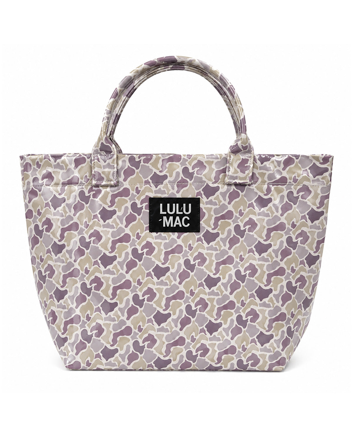 A Lulu Mac tote bag featuring a purple, beige, and gray camouflage pattern, with a black brand label on the front and dual top handles, set against a plain white background.
