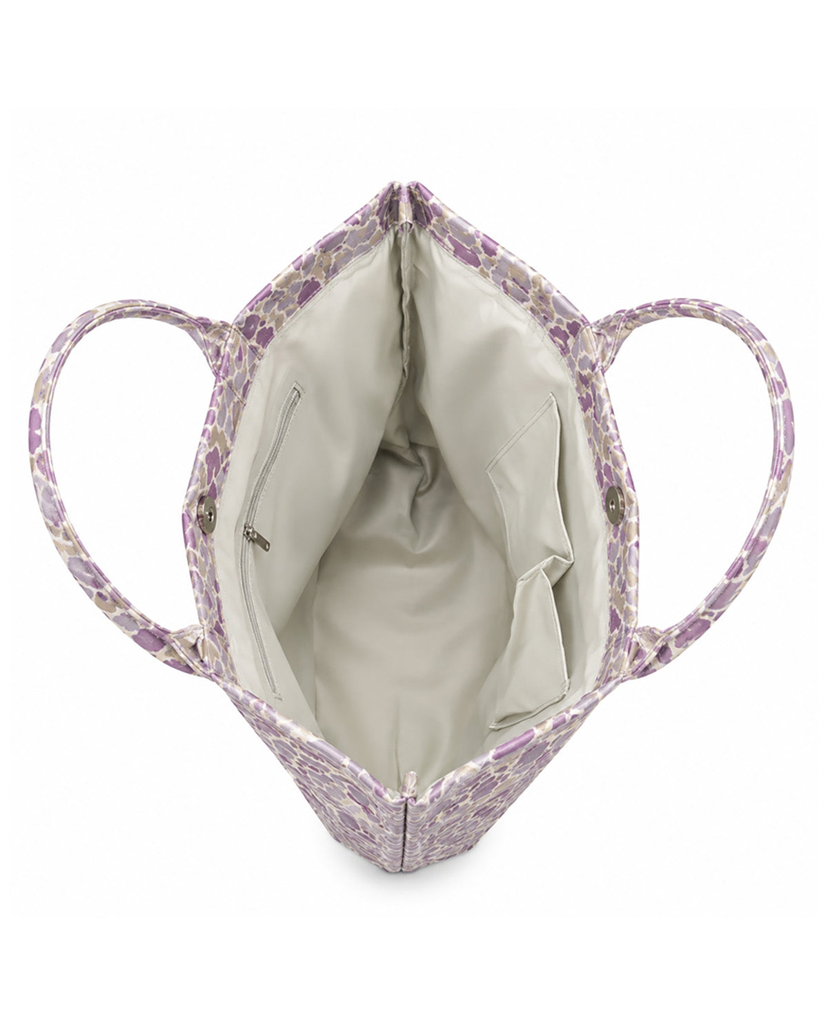 Top-down view of a structured tote bag with a purple and white floral pattern on the exterior and a light beige interior lining.