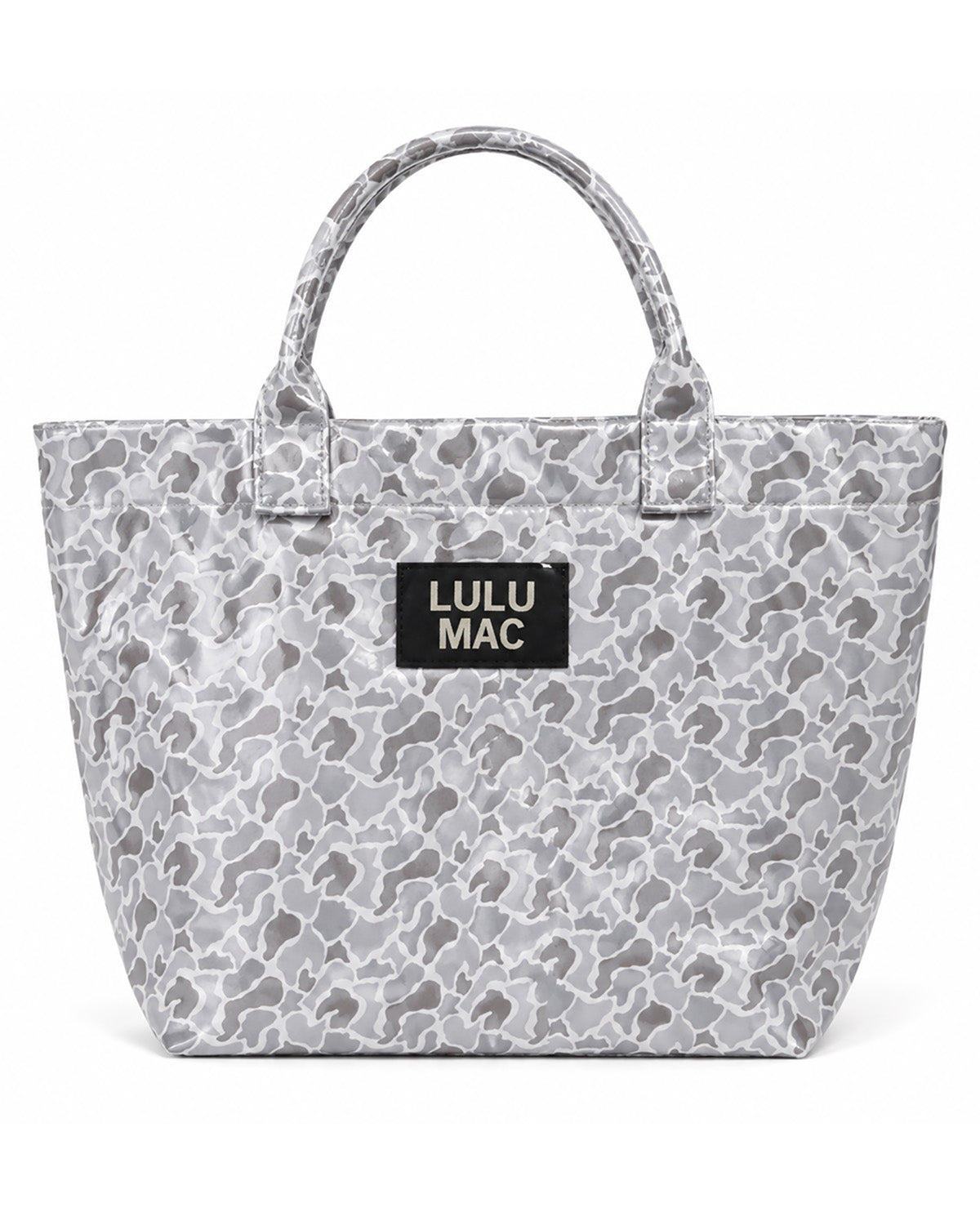 A gray and white camouflage tote bag with a black rectangular patch on the front that reads 'LULU MAC' in white text, set against a plain white background.