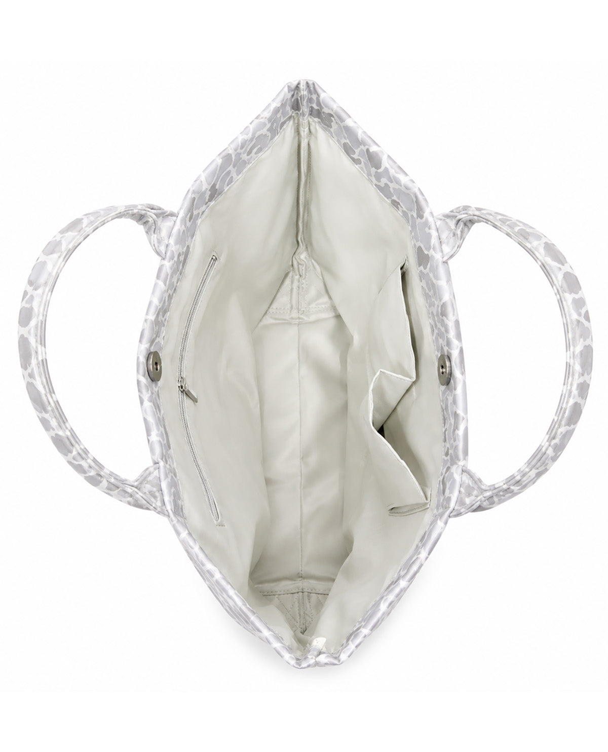 Top-down view of a handbag interior with a white and gray animal print fabric lining and matching handles, shown on a plain white background.