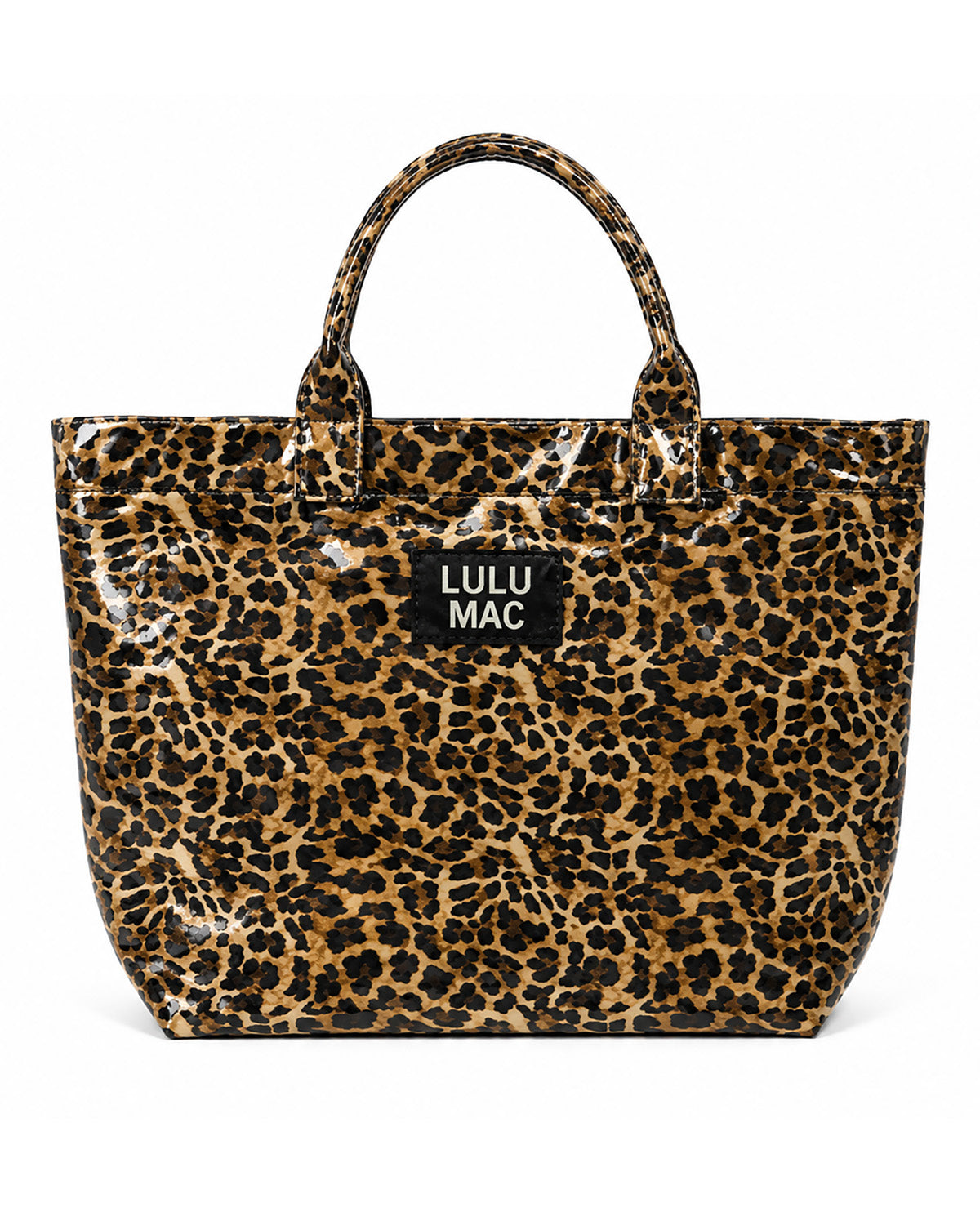 A shiny leopard-print tote bag with black handles and a black brand patch reading 'LULU MAC' on the front, photographed on a clean white background.