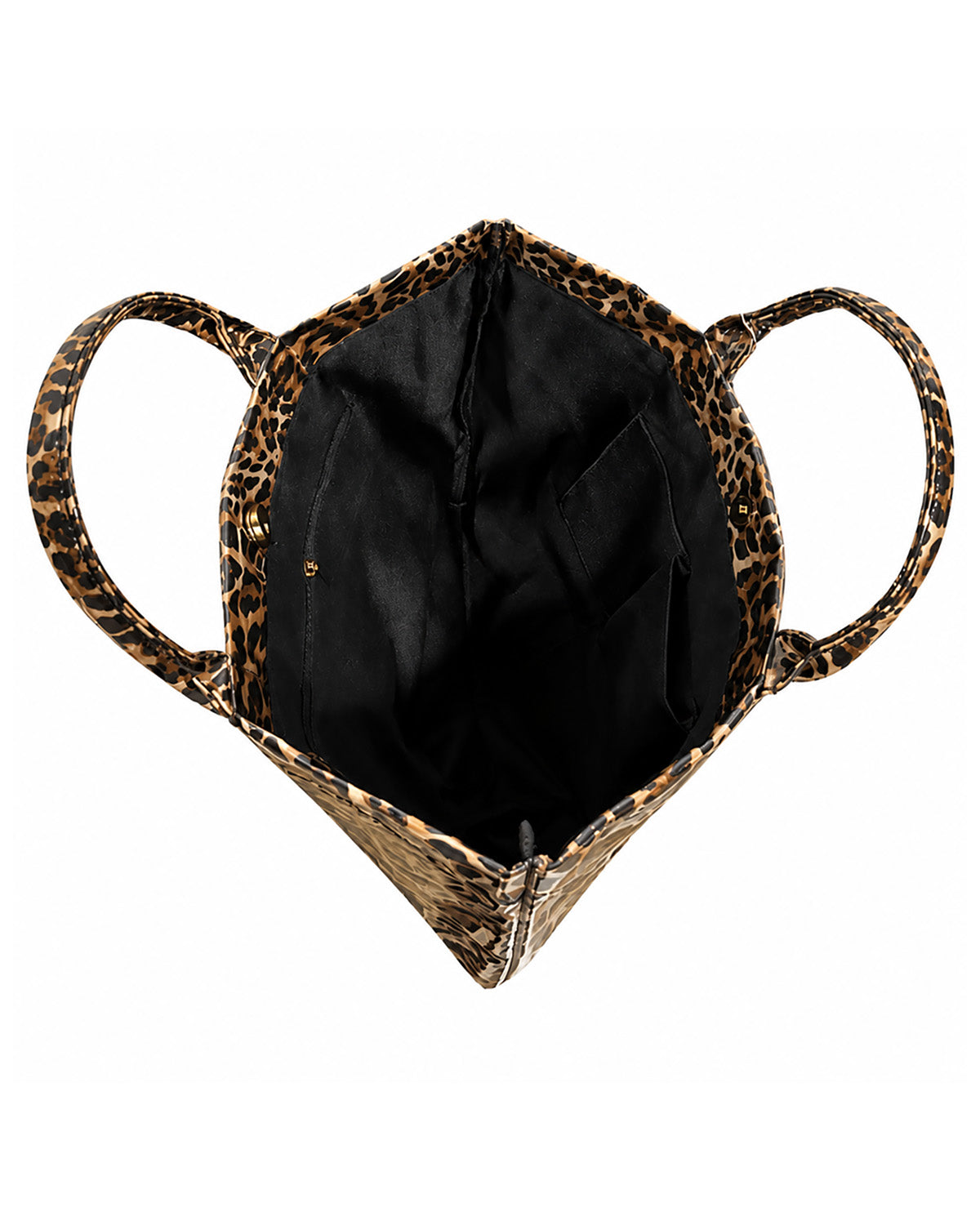 An open leopard-print handbag shown from a top-down view, featuring a black interior lining and two matching shoulder straps on a plain white background.