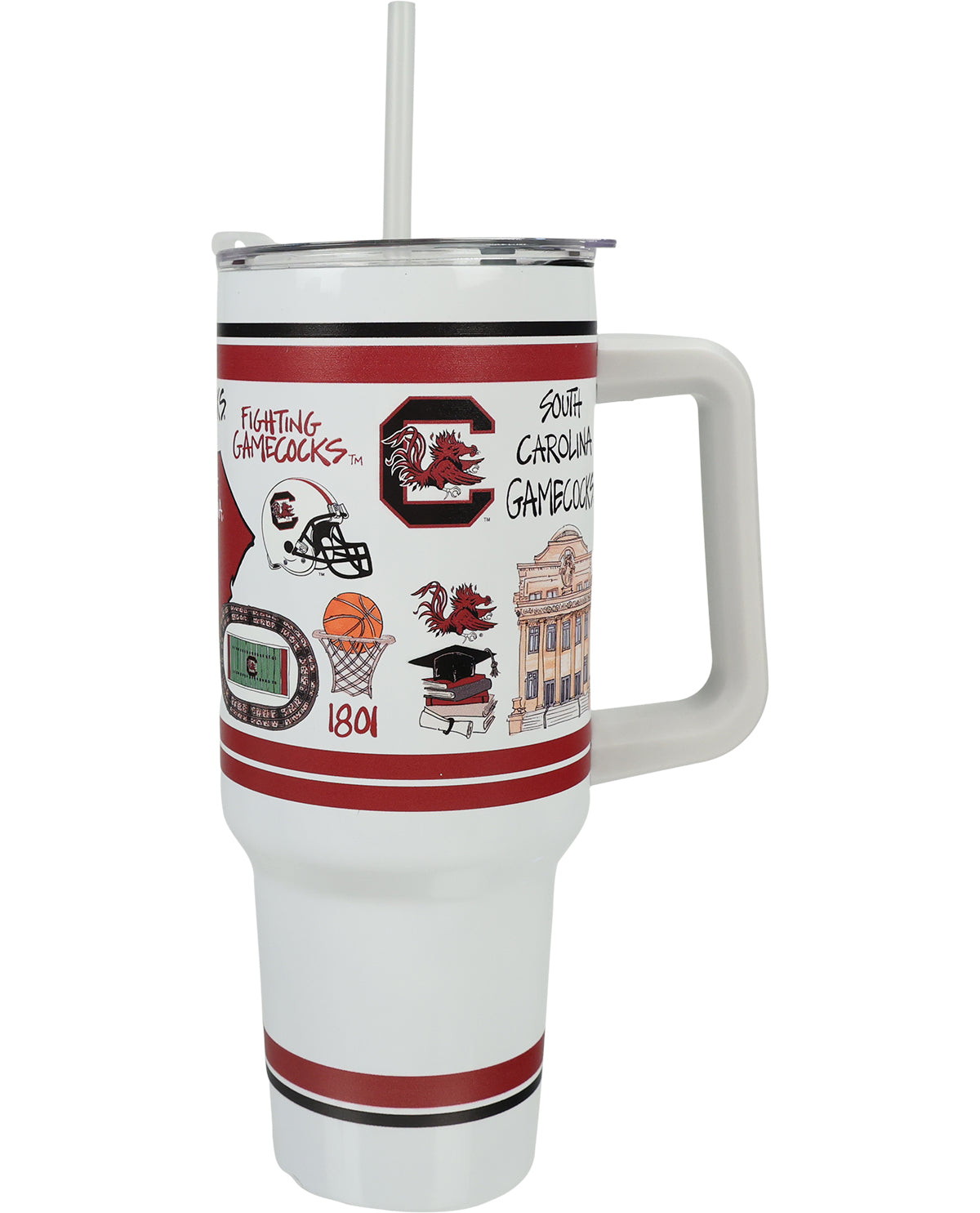 A white insulated travel tumbler with a handle and straw, featuring red and black stripes and a graphic collage of South Carolina Gamecocks-themed illustrations on the front.