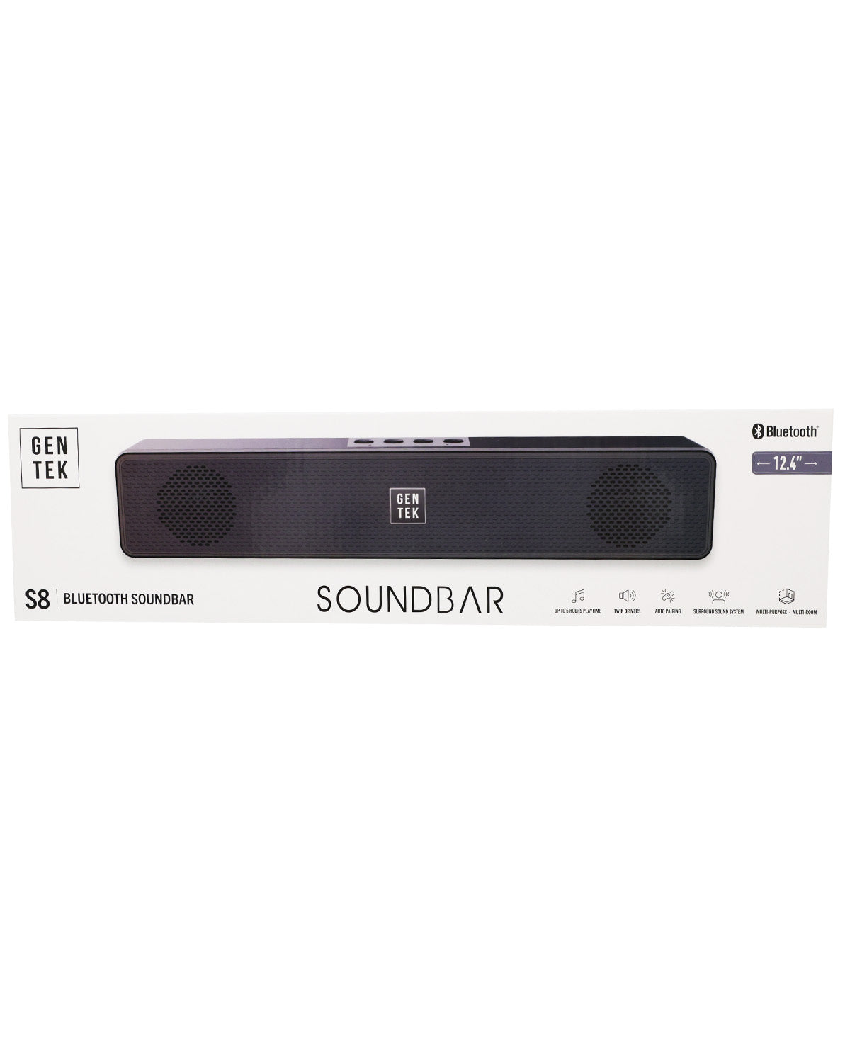 Gentek Soundbar Bluetooth speaker in its original white retail packaging, featuring a black 12-inch portable soundbar with speaker grilles on the front.