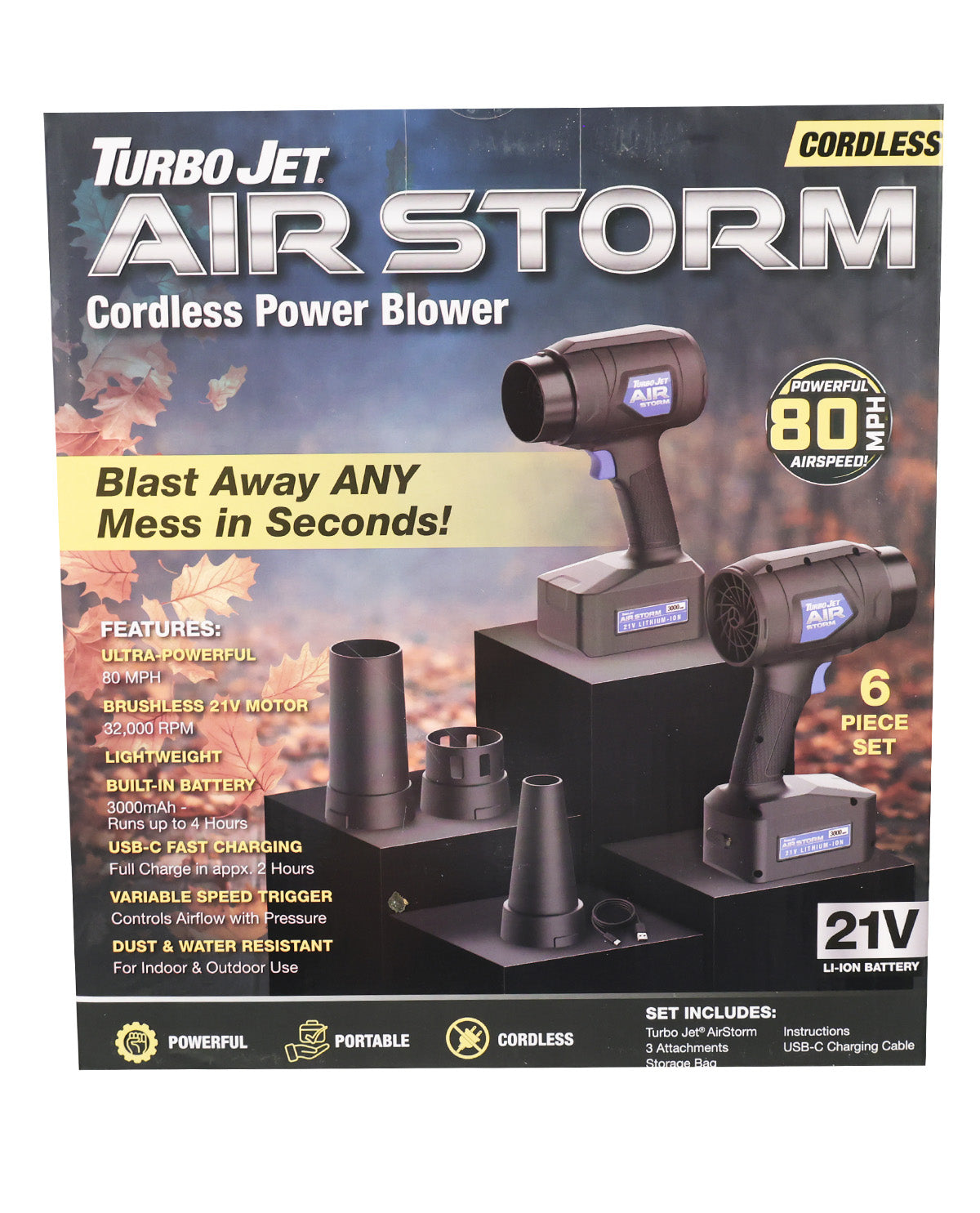 Boxed TurboJet Air Storm Cordless Power Blower, 21V 6-piece set, shown in retail packaging with product photos and feature callouts on a white background.