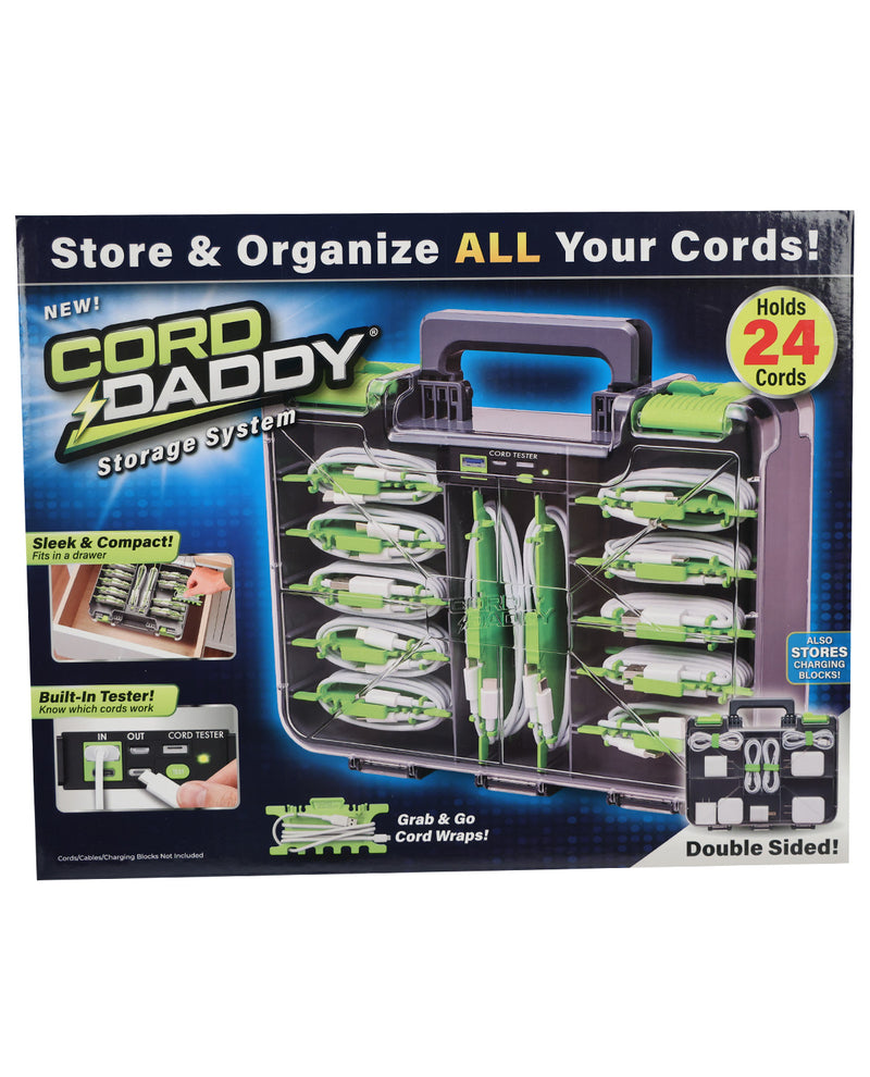 Cord Daddy Storage System in retail packaging, featuring a black and gray carrying case with green and white cord organizers, shown on a white background.