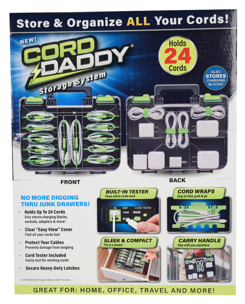 Front and back views of the Cord Daddy Storage System on its retail packaging, showing black cable management trays with green and white cord wraps, latches, and a built-in tester.