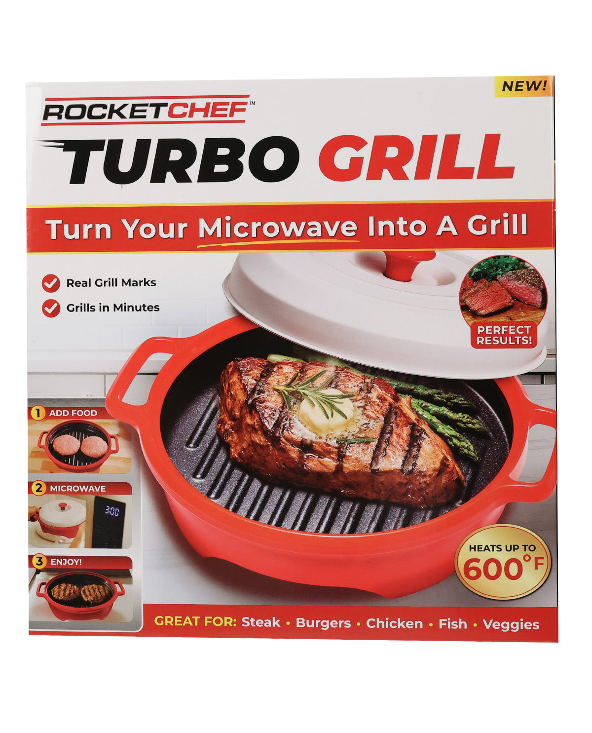 Rocket Chef Turbo Grill microwave grill in red, shown in its retail packaging box. The box features a large photo of a grilled steak on the grill insert, product features, and cooking examples.
