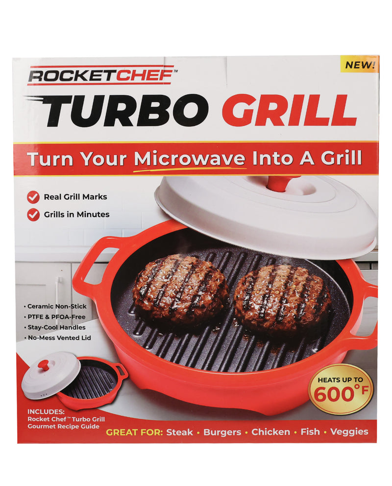 Rocket Chef Turbo Grill microwave insert grill kit in a red pot with lid, shown on its retail packaging against a white background.
