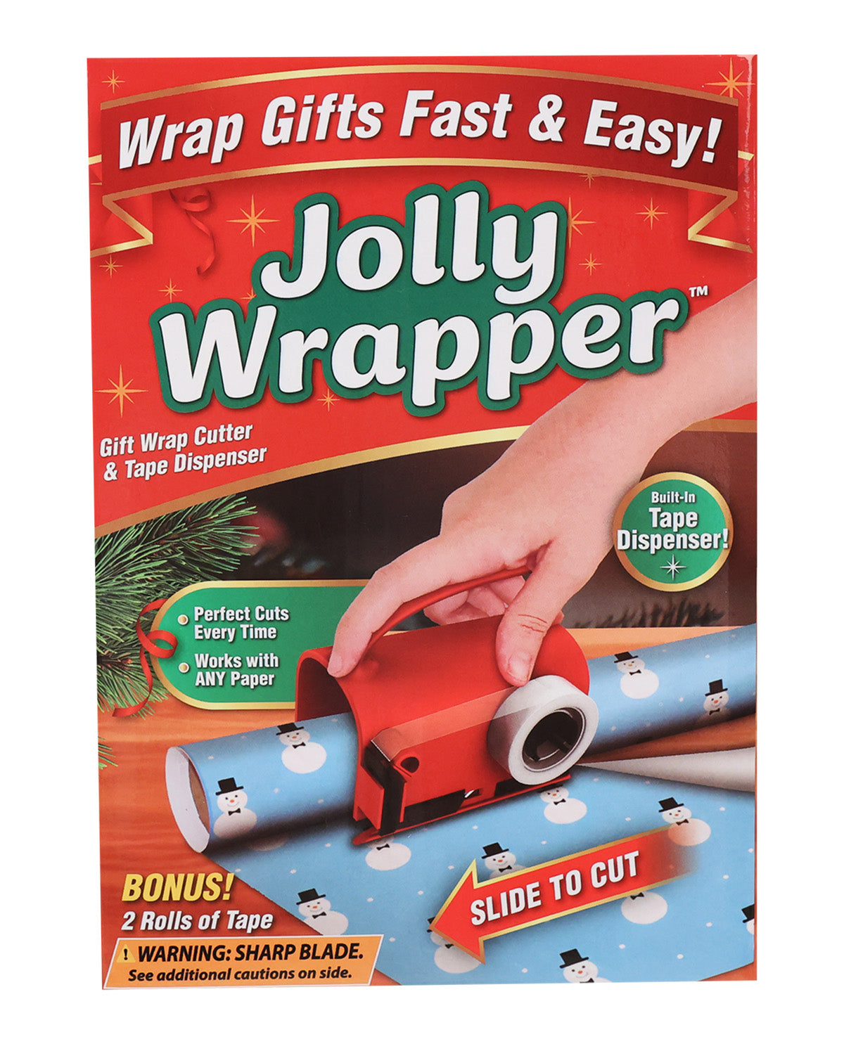 Jolly Wrapper gift wrap cutter and tape dispenser retail packaging, featuring a red holiday-themed box with a demonstration photo of a hand using the red cutter on blue patterned wrapping paper.