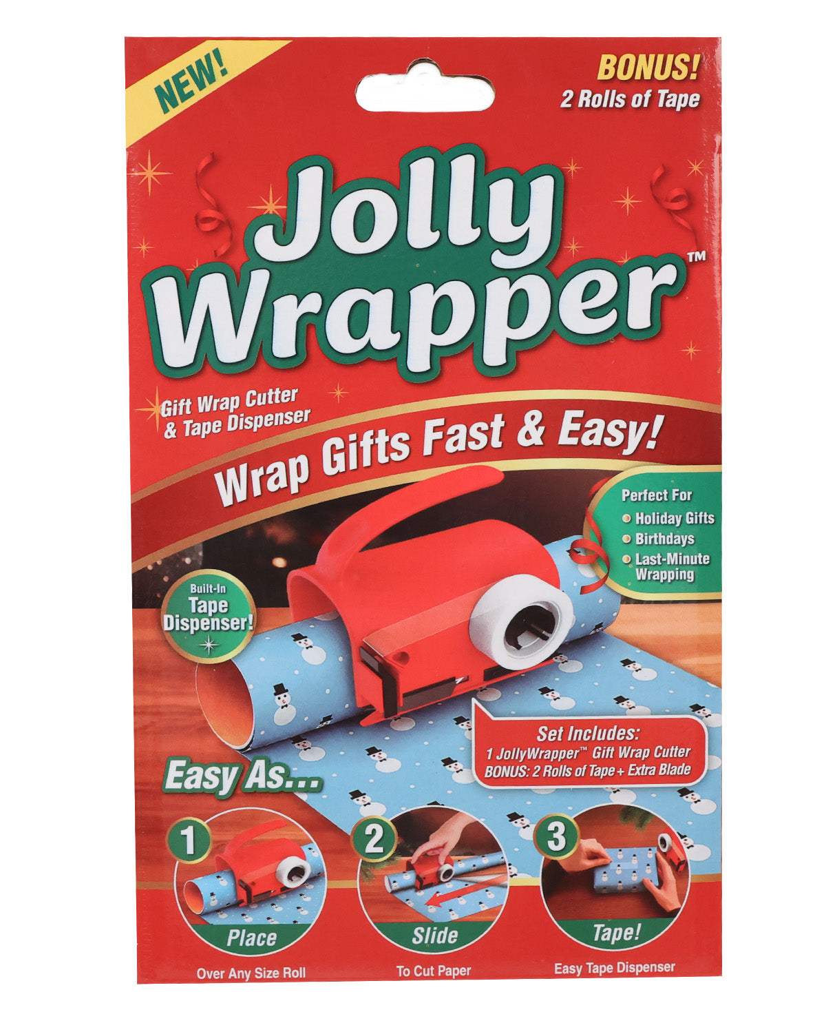 Jolly Wrapper gift wrap dispenser and cutter set in retail packaging, featuring a red header card with product name, bonus tape rolls, usage steps, and product photo of the red dispenser and blue patterned tape roll.