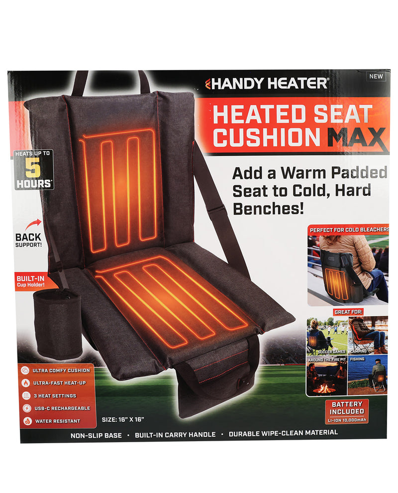 Handy Heater Heated Seat Cushion Max in its retail packaging, showing a black heated seat cushion with glowing orange heating elements on a white and green background.