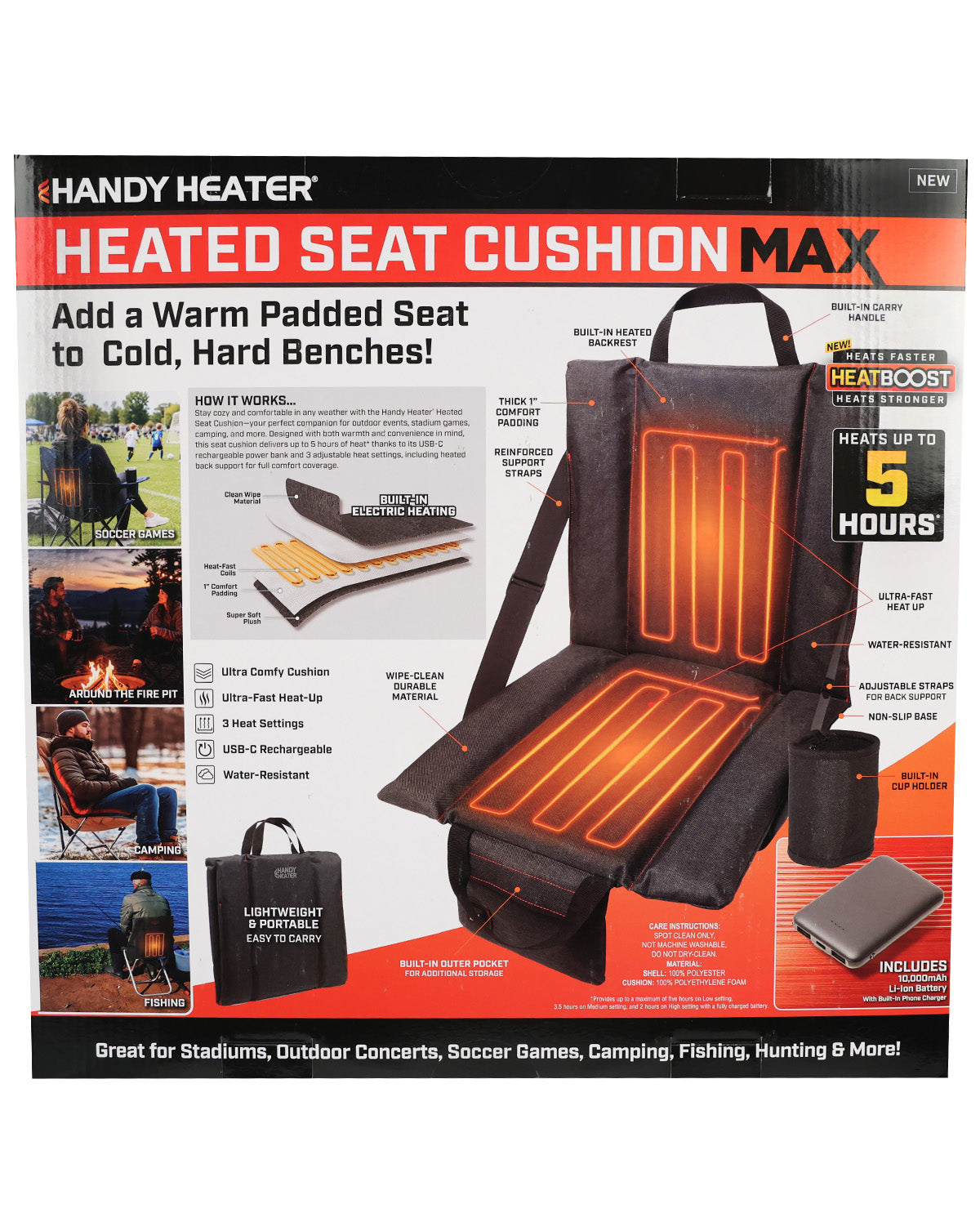 Front-facing retail packaging for the Handy Heater Heated Seat Cushion Max, showing the product on the box with feature callouts, inset photos, and included accessories.