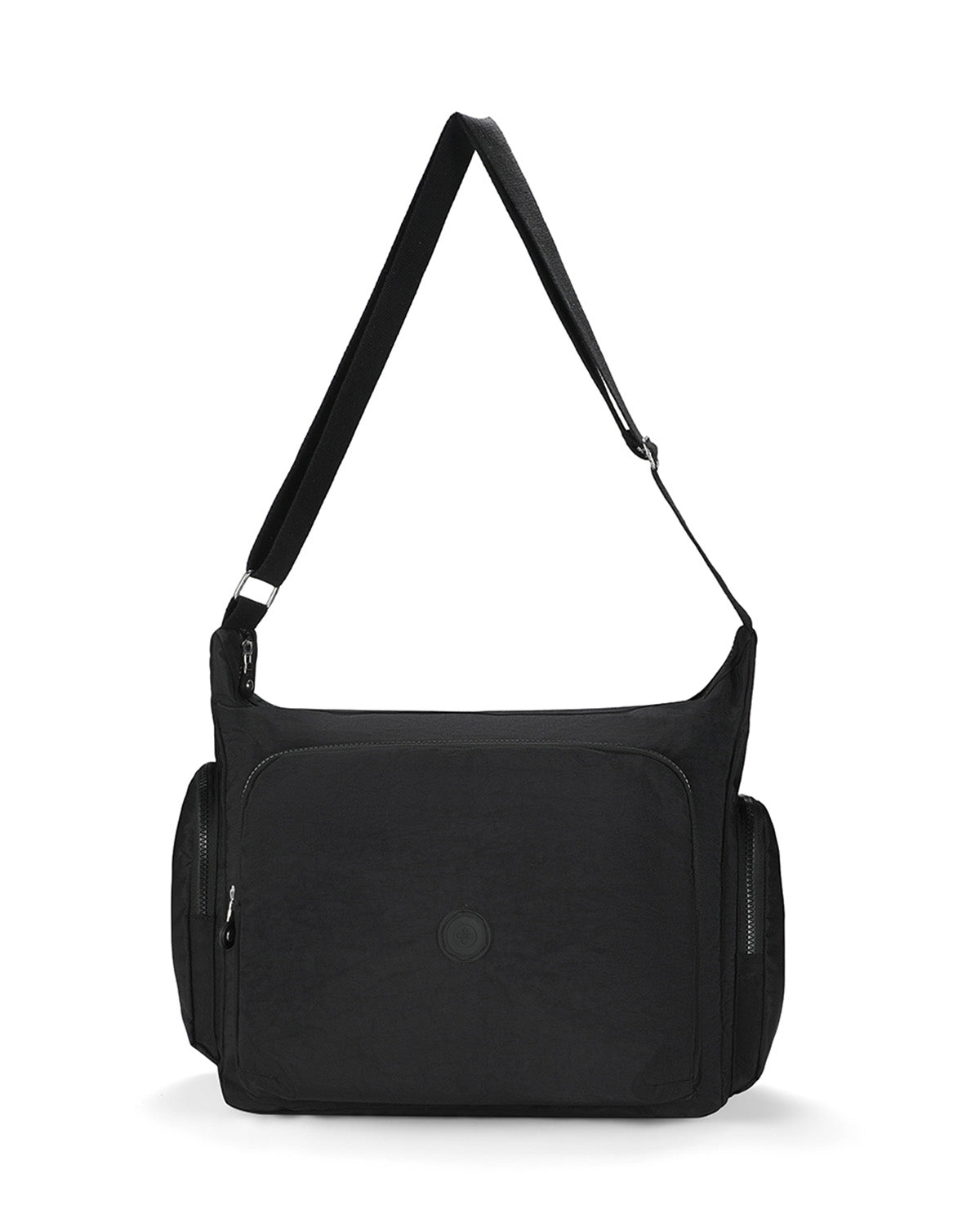 A black nylon shoulder bag with an adjustable shoulder strap, a front zippered pocket, and side pockets, shown on a plain white background.