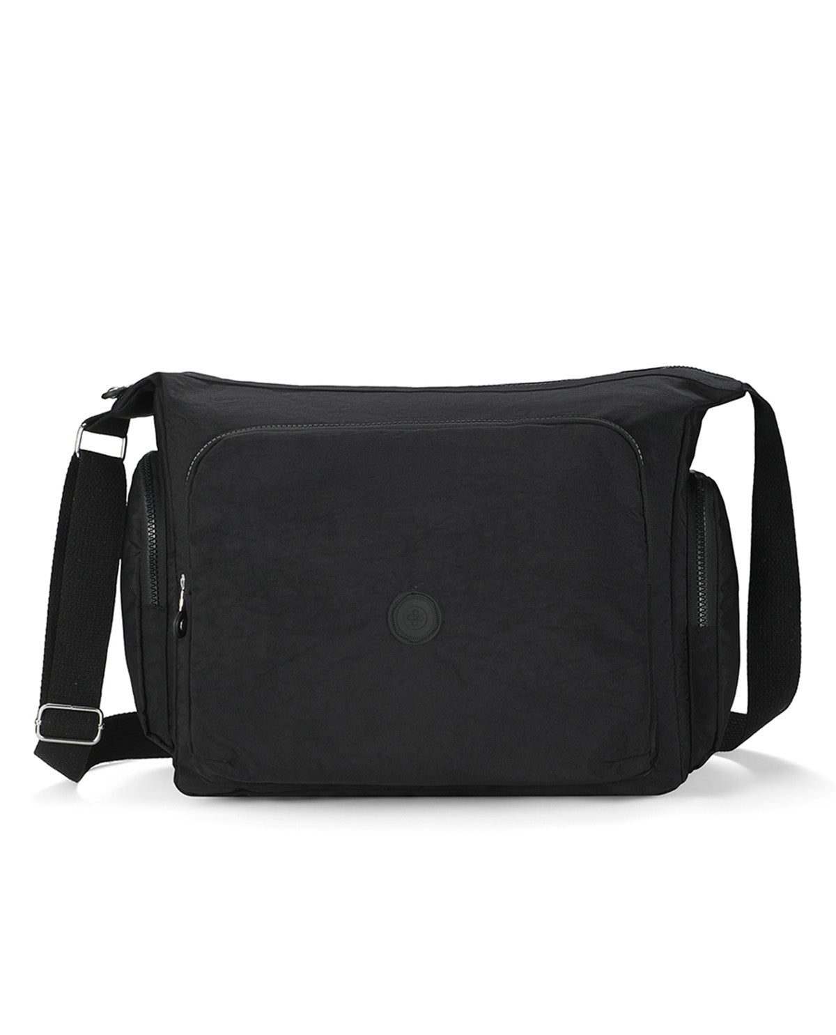 A black nylon messenger bag with a front zippered pocket, side pockets, and an adjustable shoulder strap, shown against a plain white background.