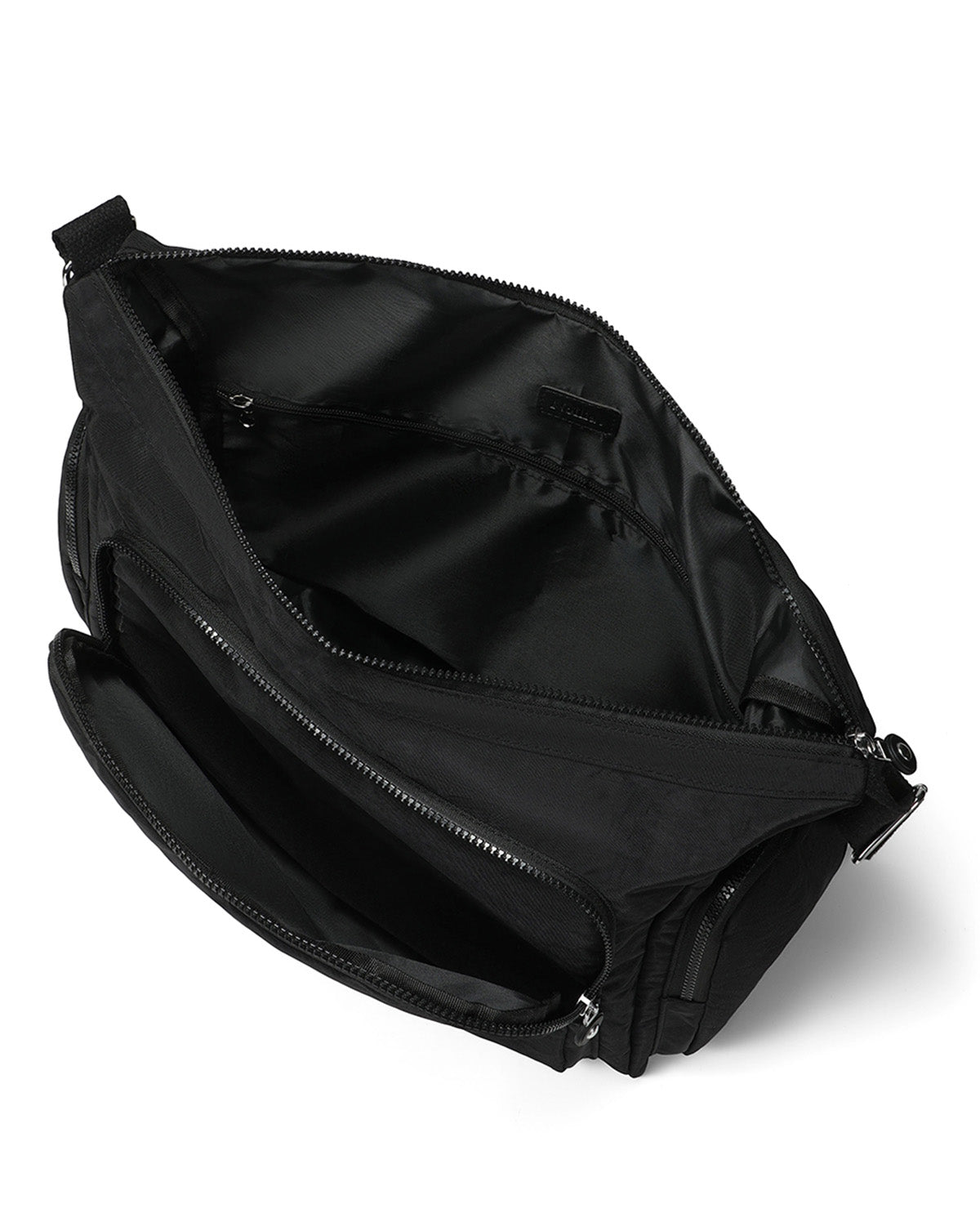 A black nylon shoulder bag shown open, displaying its spacious interior compartments, zippered pockets, and interior lining against a clean white background.