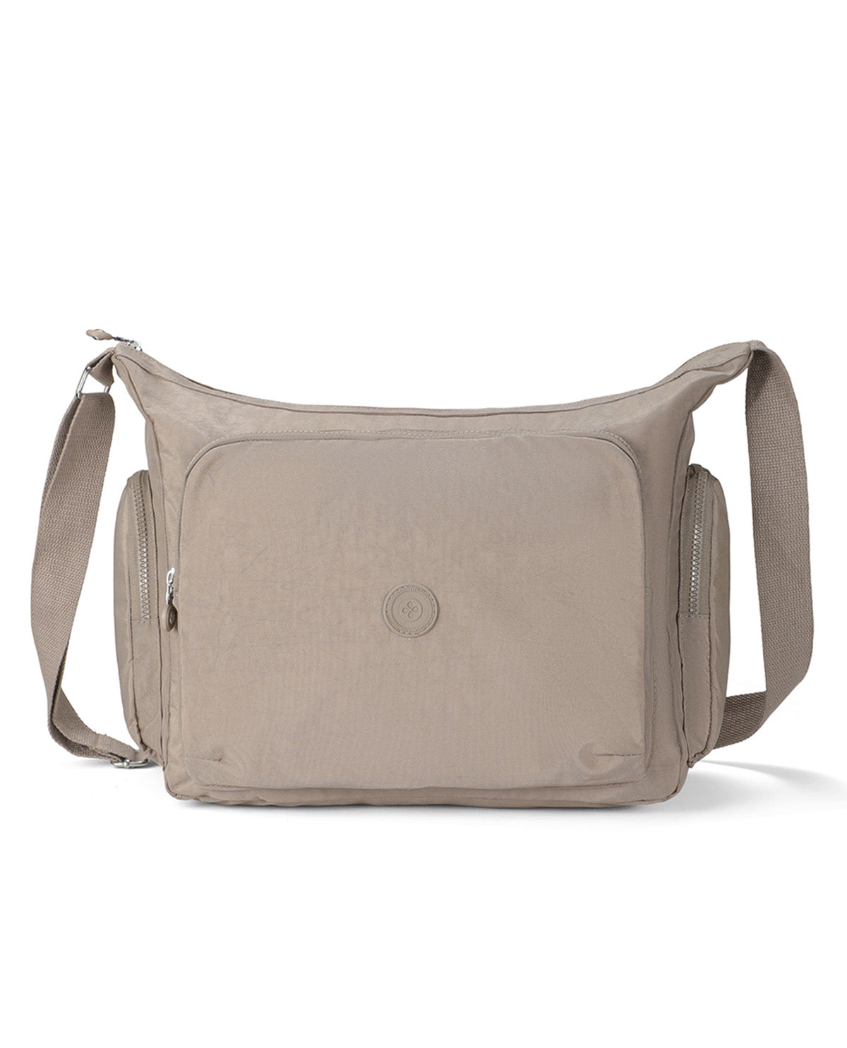 A taupe beige nylon shoulder bag with a front zippered pocket and side pockets, featuring a circular embossed logo on the front, set against a plain white background.