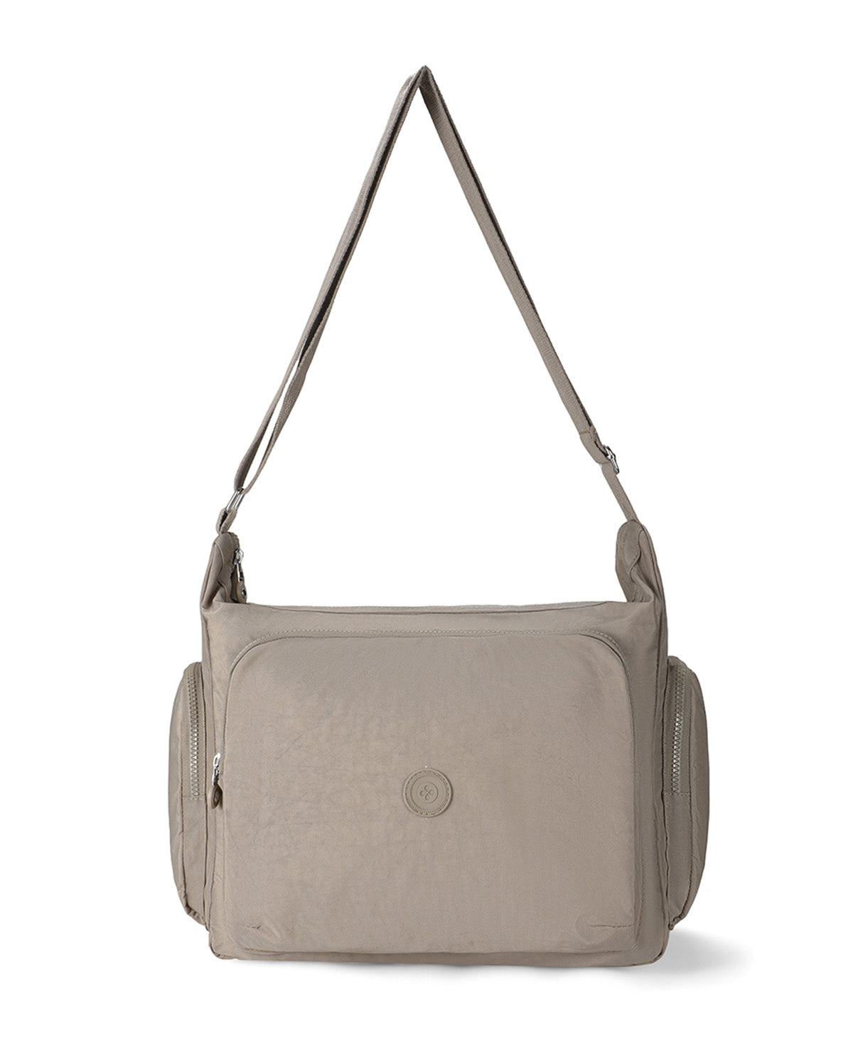 A light taupe nylon shoulder bag with a front zippered pocket, side pockets, and a matching adjustable shoulder strap, shown against a plain white background.